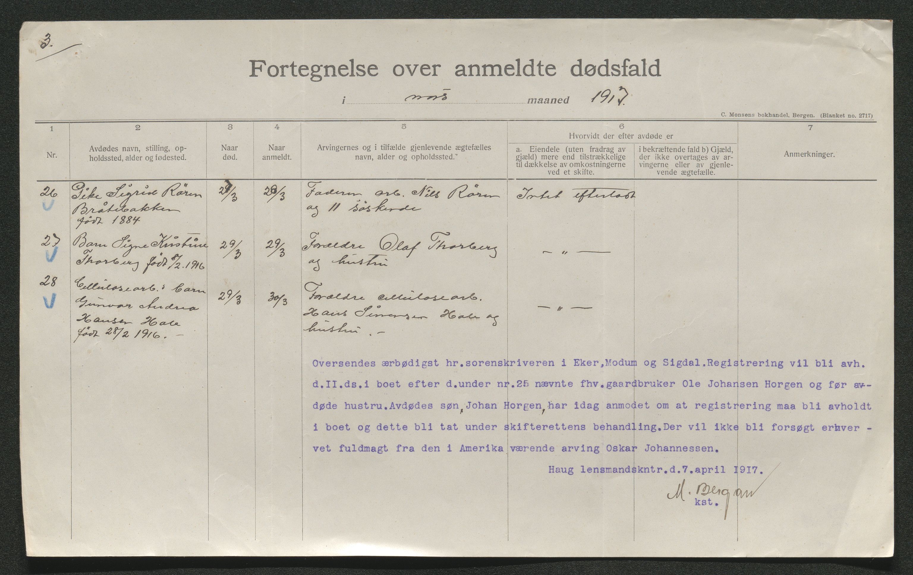 Eiker, Modum og Sigdal sorenskriveri, AV/SAKO-A-123/H/Ha/Hab/L0038: Dødsfallsmeldinger, 1916-1917, p. 669