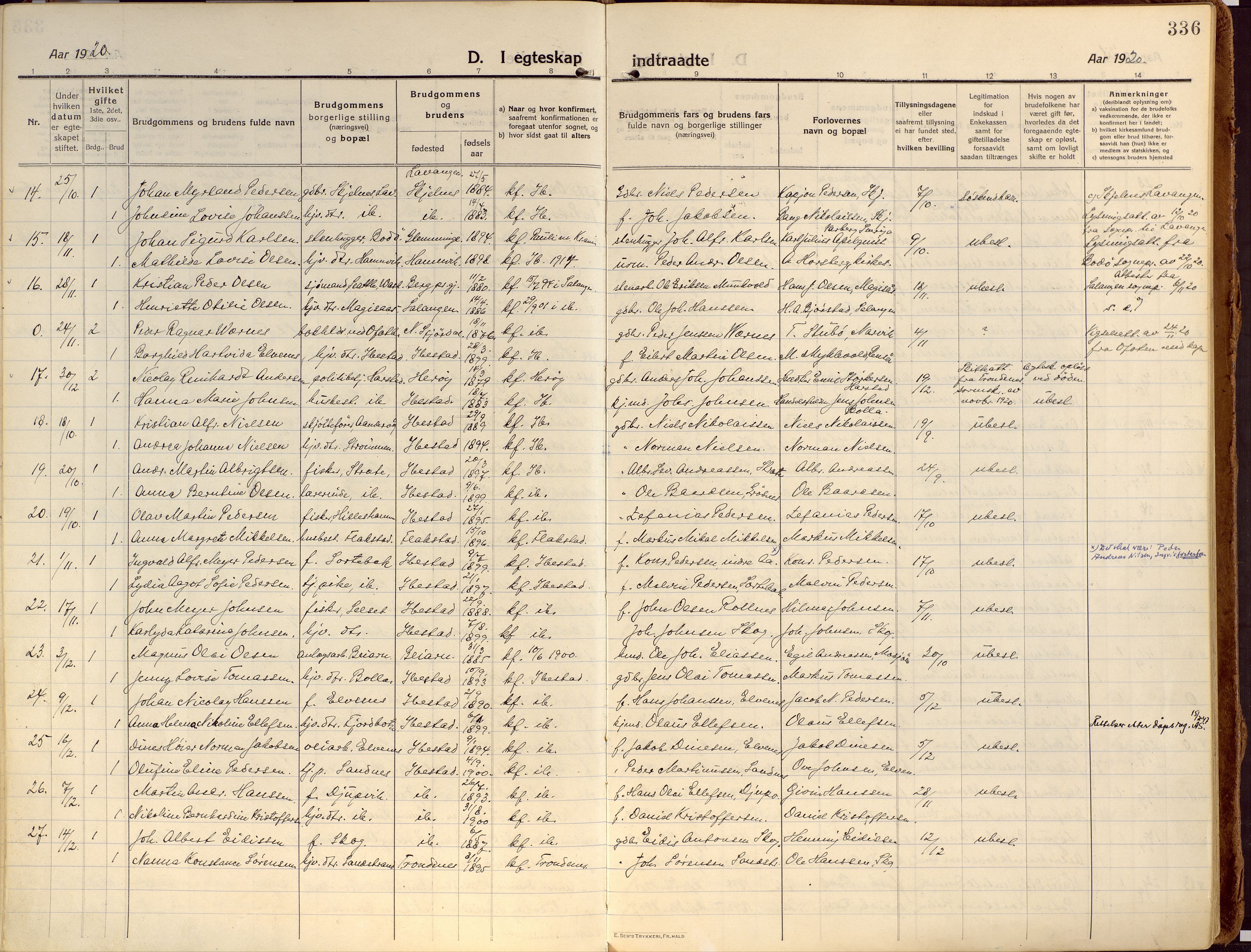 Ibestad sokneprestembete, SATØ/S-0077/H/Ha/Haa/L0018kirke: Parish register (official) no. 18, 1915-1929, p. 336
