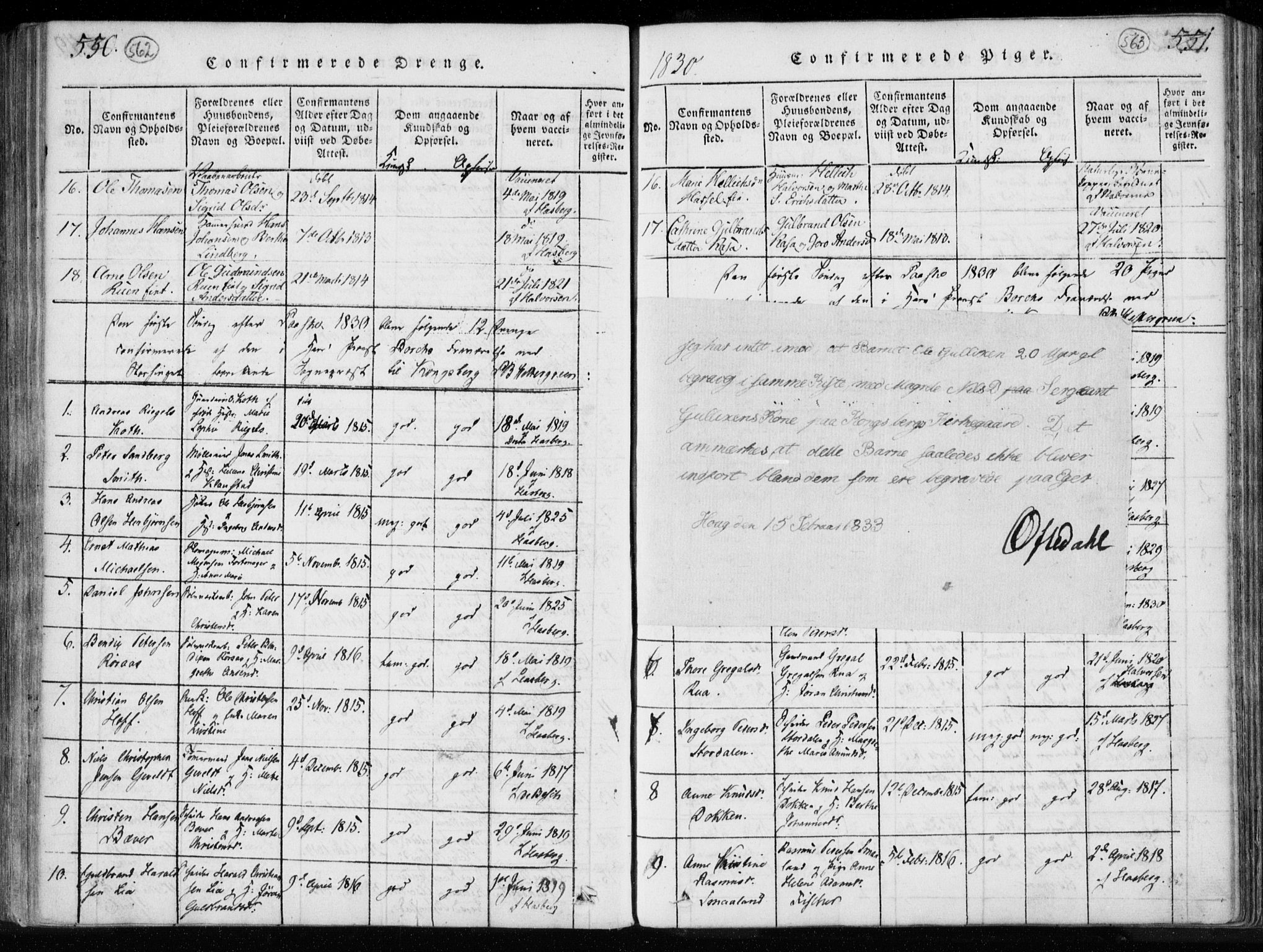 Kongsberg kirkebøker, AV/SAKO-A-22/F/Fa/L0008: Parish register (official) no. I 8, 1816-1839, p. 562-563
