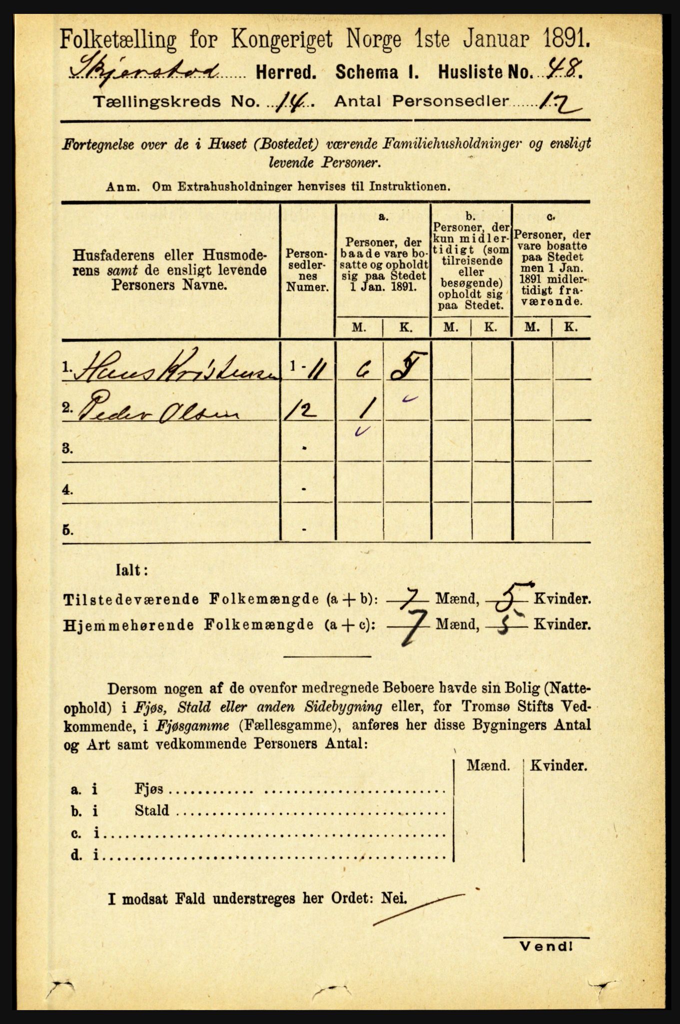 RA, 1891 census for 1842 Skjerstad, 1891, p. 5007