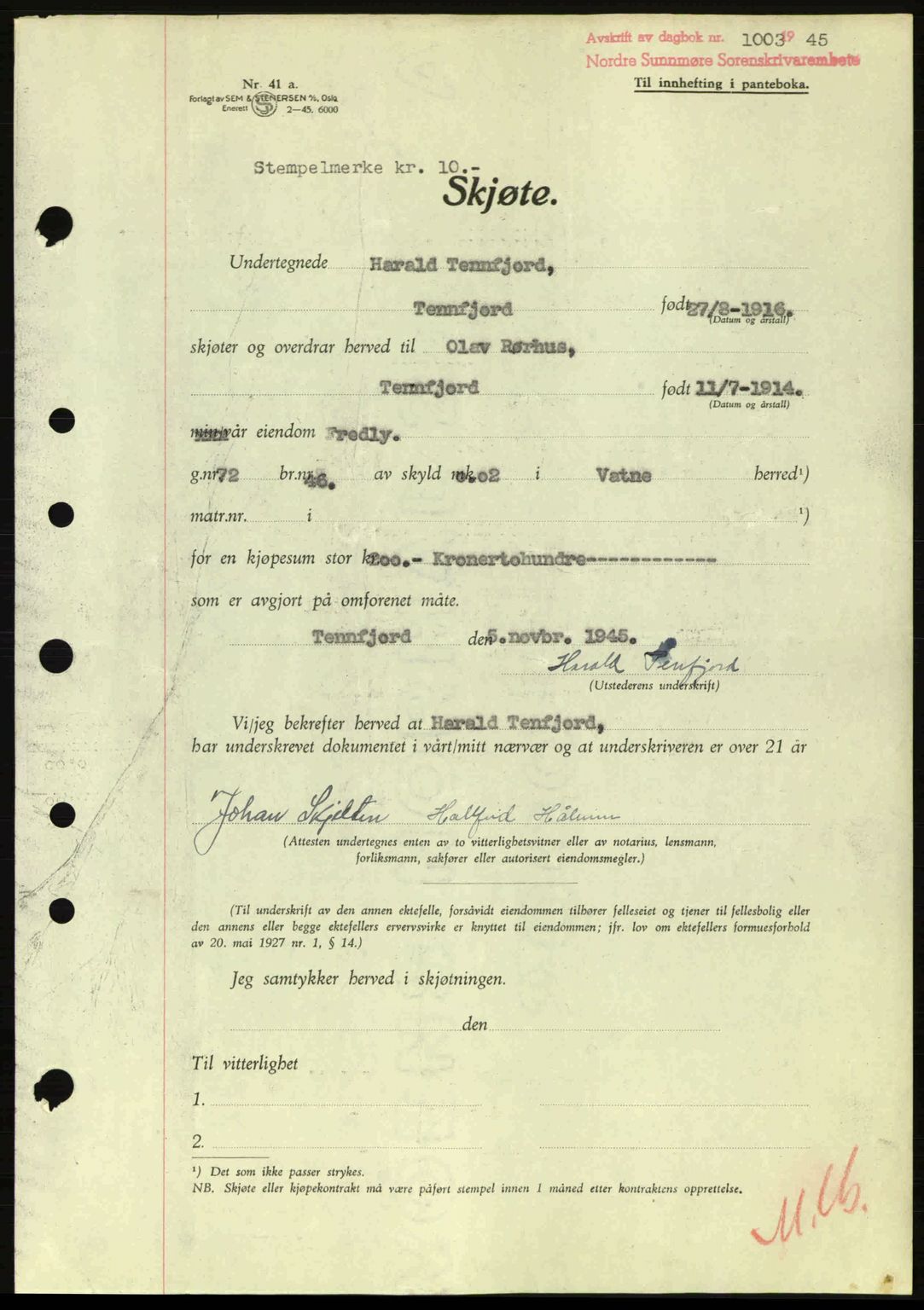 Nordre Sunnmøre sorenskriveri, AV/SAT-A-0006/1/2/2C/2Ca: Mortgage book no. A20a, 1945-1945, Diary no: : 1003/1945