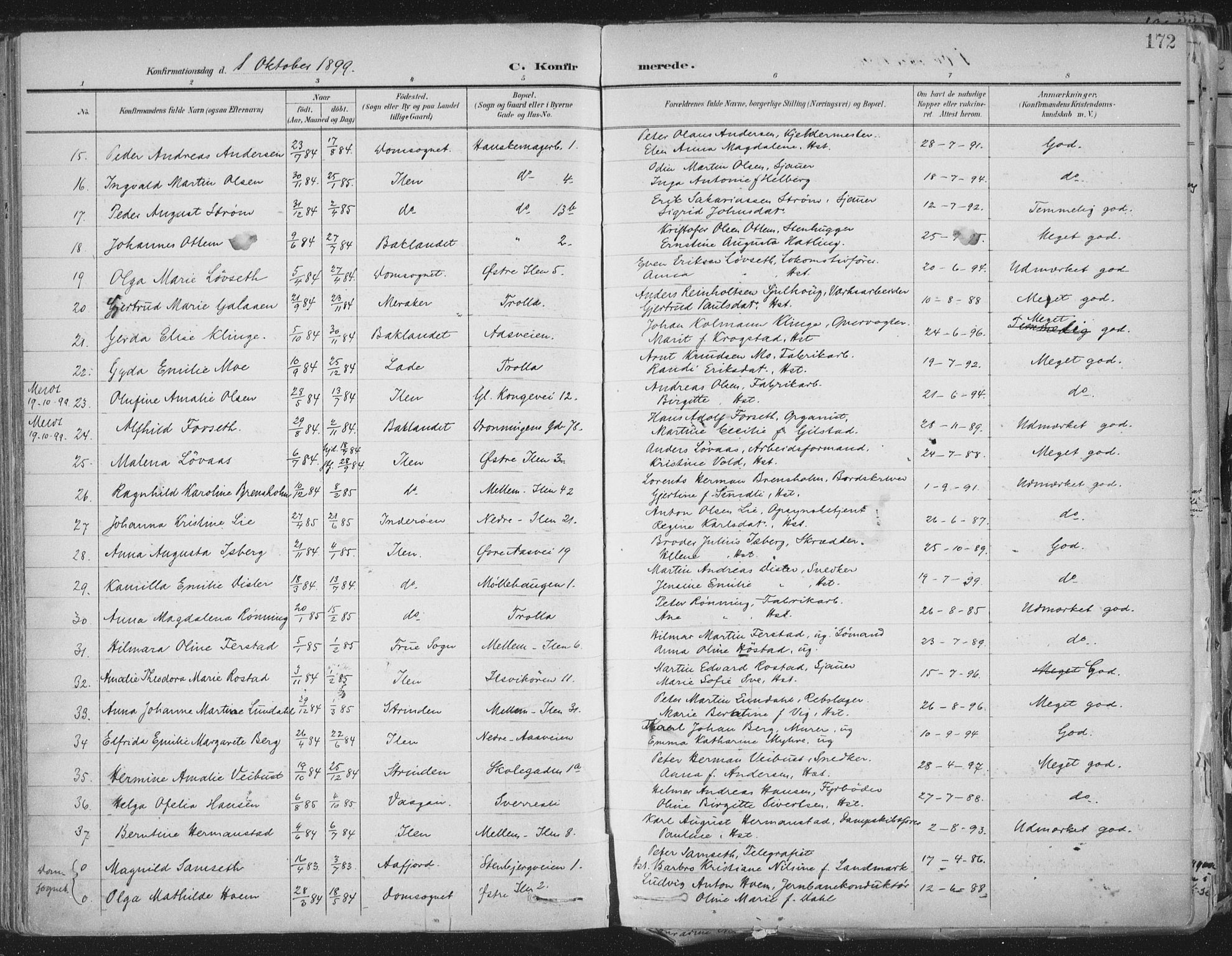 Ministerialprotokoller, klokkerbøker og fødselsregistre - Sør-Trøndelag, SAT/A-1456/603/L0167: Parish register (official) no. 603A06, 1896-1932, p. 172