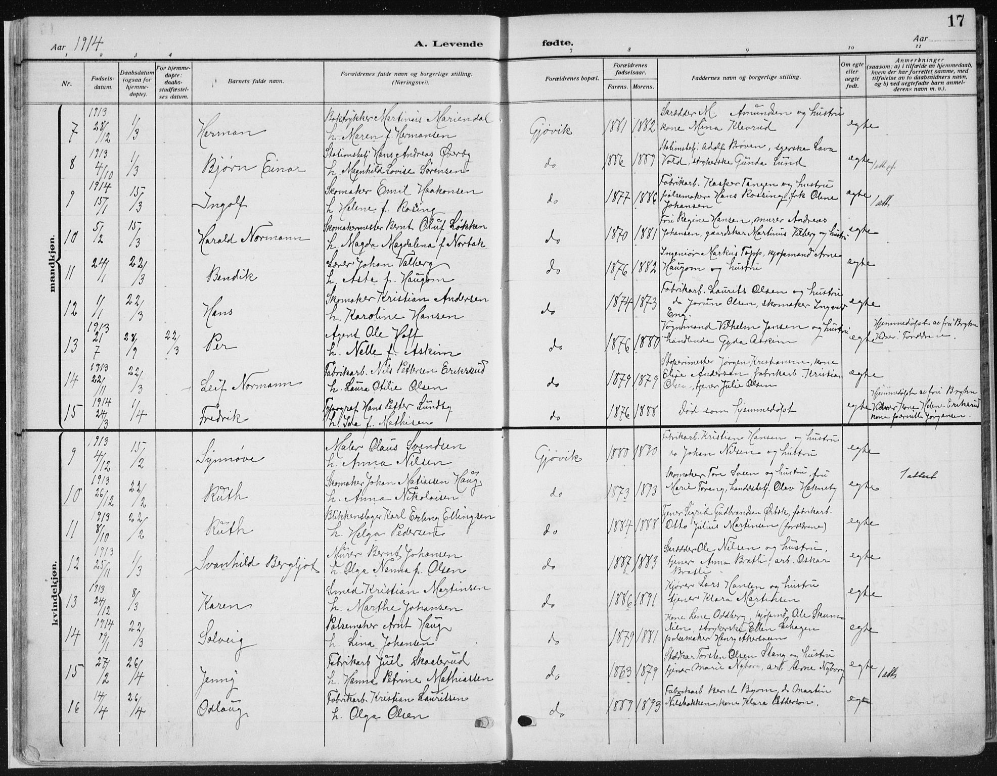 Vardal prestekontor, SAH/PREST-100/H/Ha/Haa/L0014: Parish register (official) no. 14, 1912-1922, p. 17