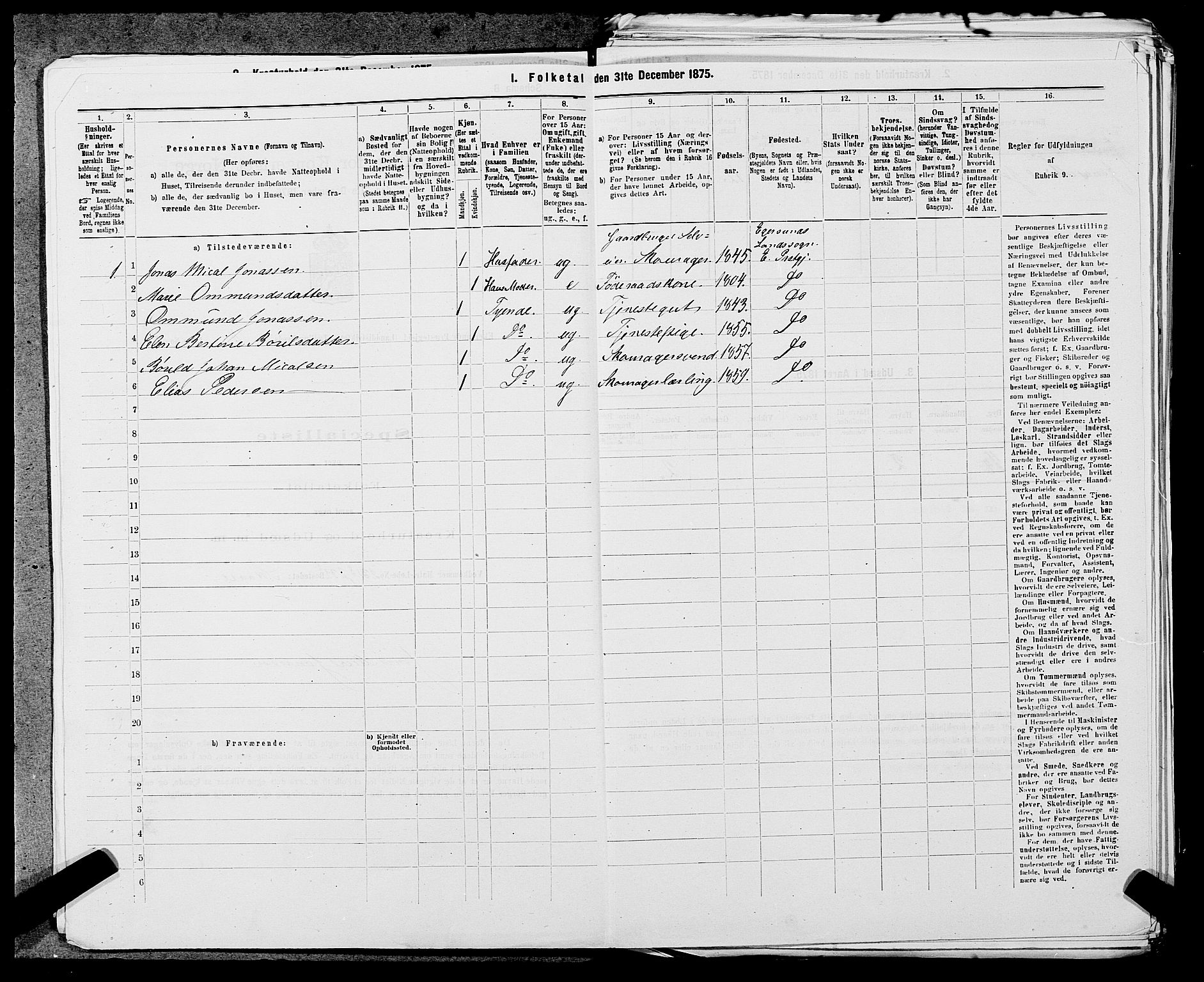 SAST, 1875 census for 1116L Eigersund/Eigersund og Ogna, 1875, p. 405