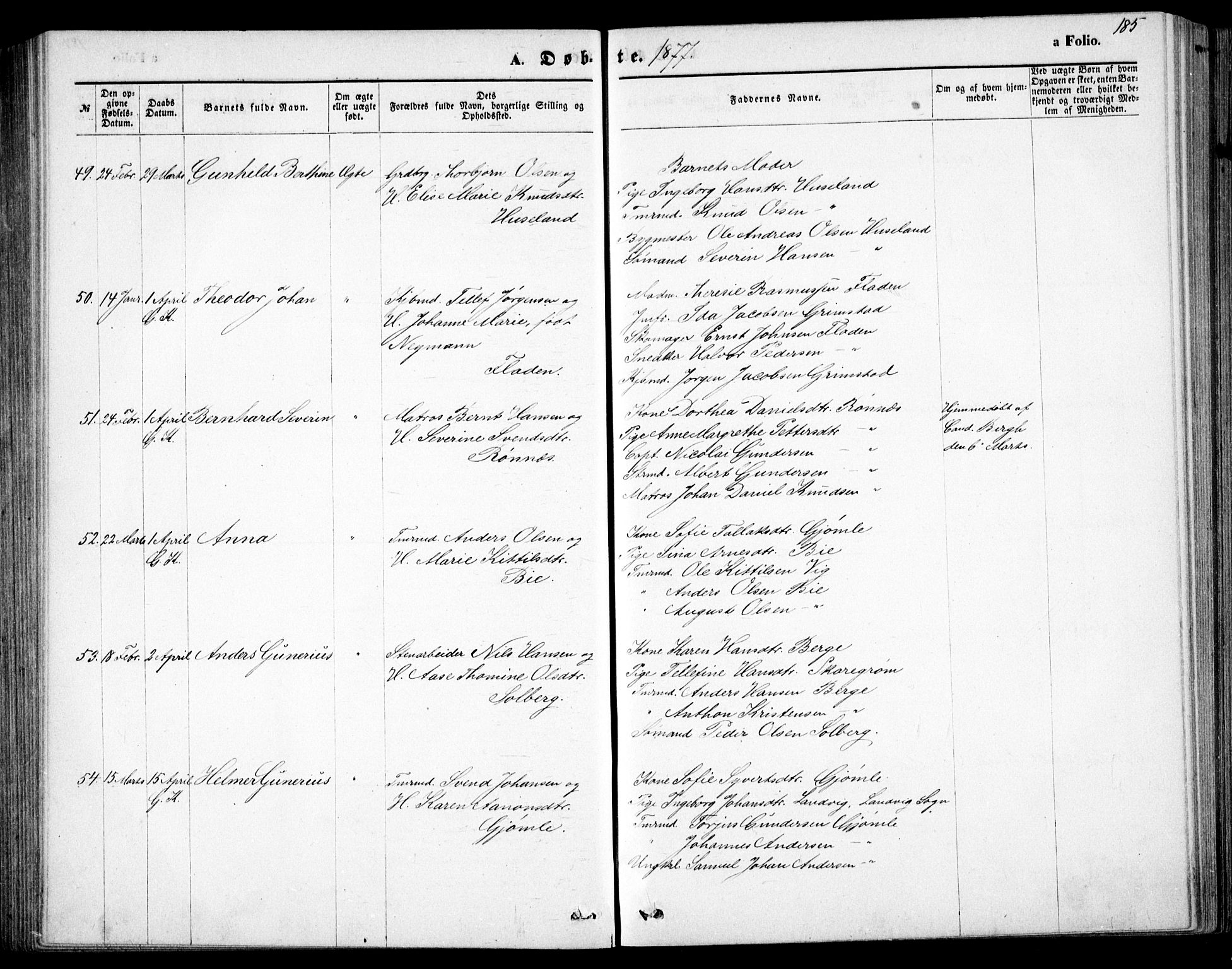 Fjære sokneprestkontor, AV/SAK-1111-0011/F/Fb/L0010: Parish register (copy) no. B 10, 1871-1880, p. 185