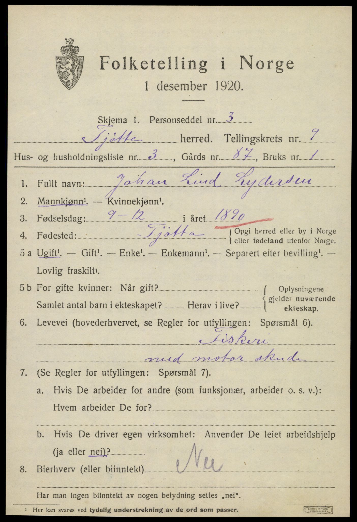 SAT, 1920 census for Tjøtta, 1920, p. 3917