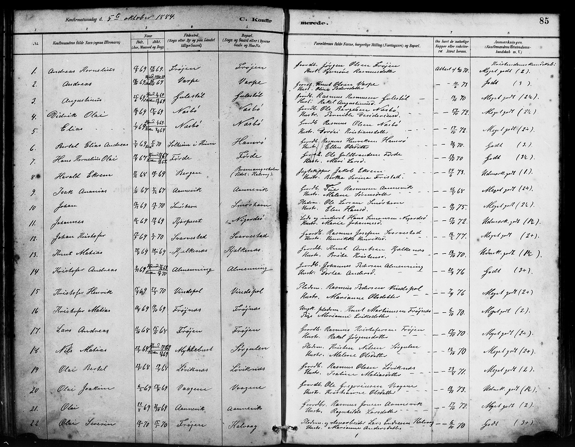 Bremanger sokneprestembete, SAB/A-82201/H/Haa/Haab/L0001: Parish register (official) no. B 1, 1884-1895, p. 85