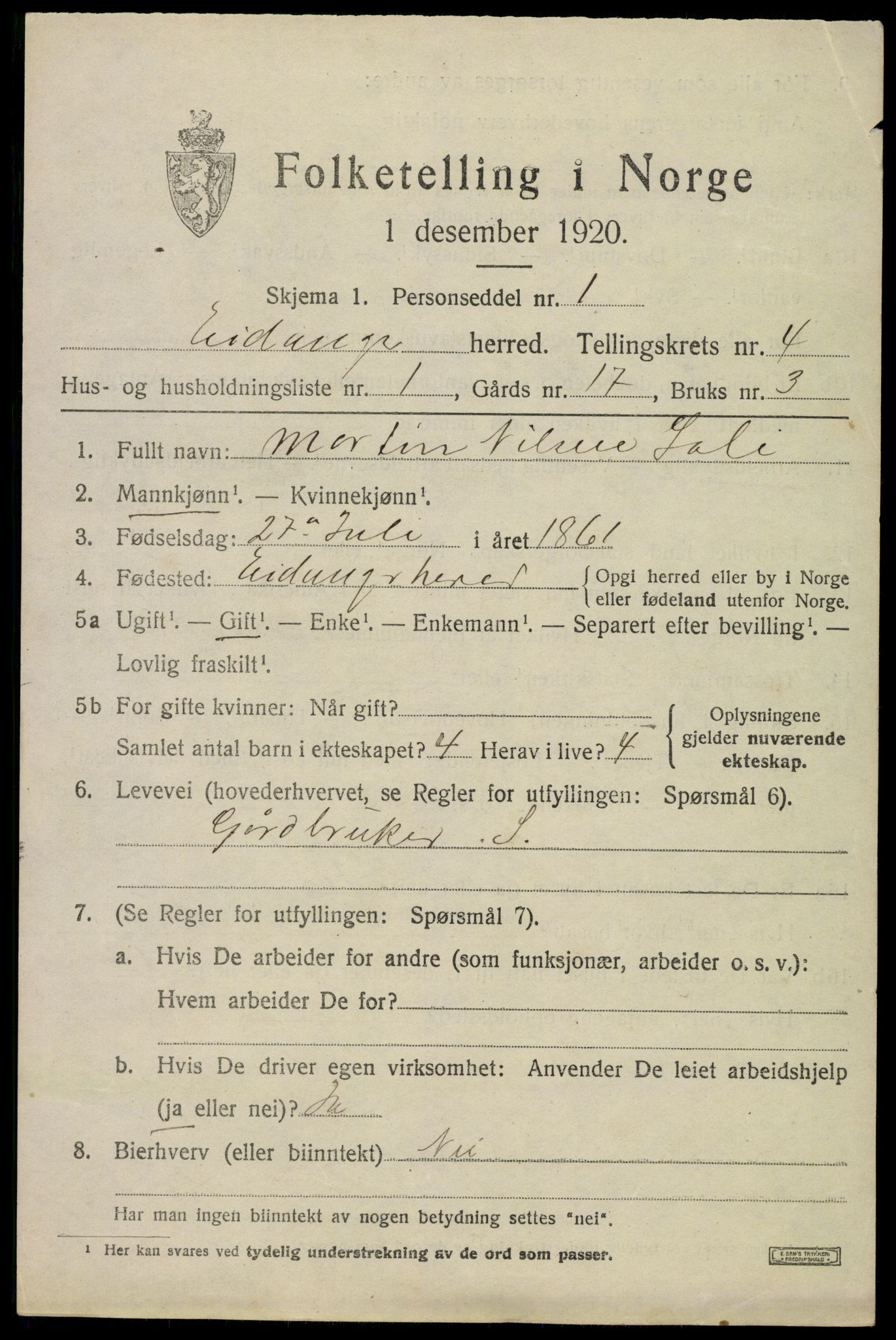 SAKO, 1920 census for Eidanger, 1920, p. 3892