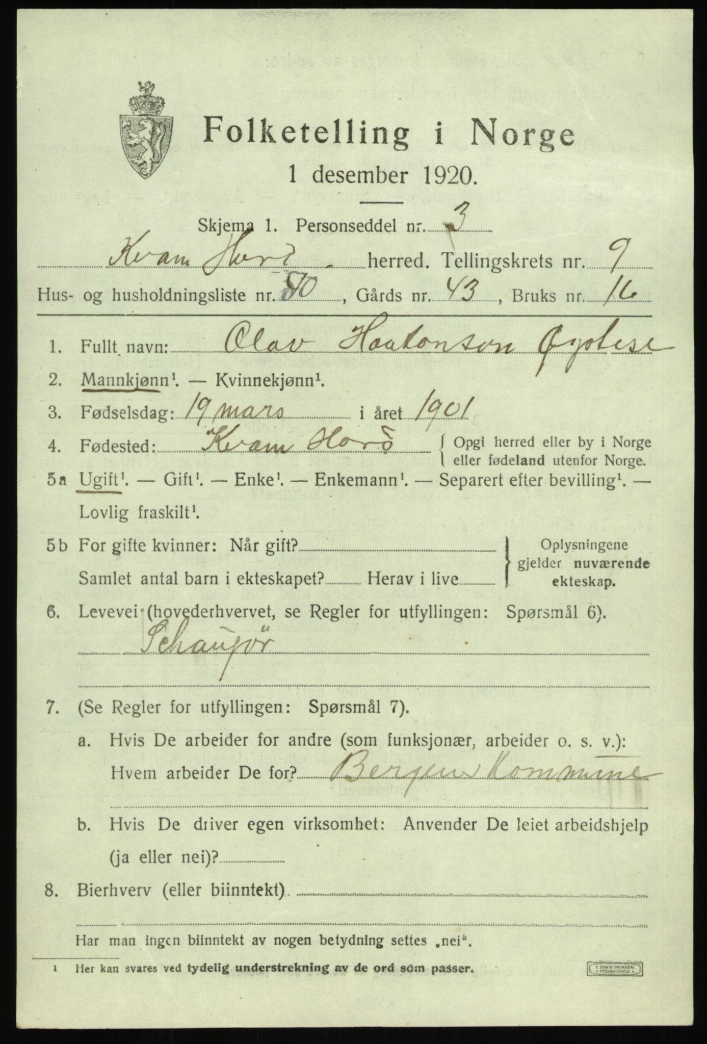 SAB, 1920 census for Kvam, 1920, p. 6317