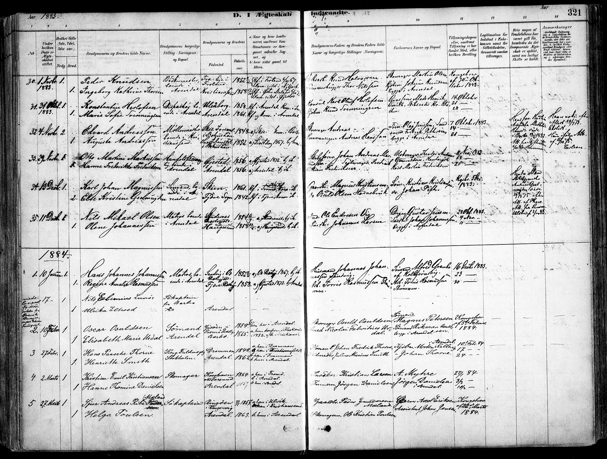 Arendal sokneprestkontor, Trefoldighet, SAK/1111-0040/F/Fa/L0008: Parish register (official) no. A 8, 1878-1899, p. 321