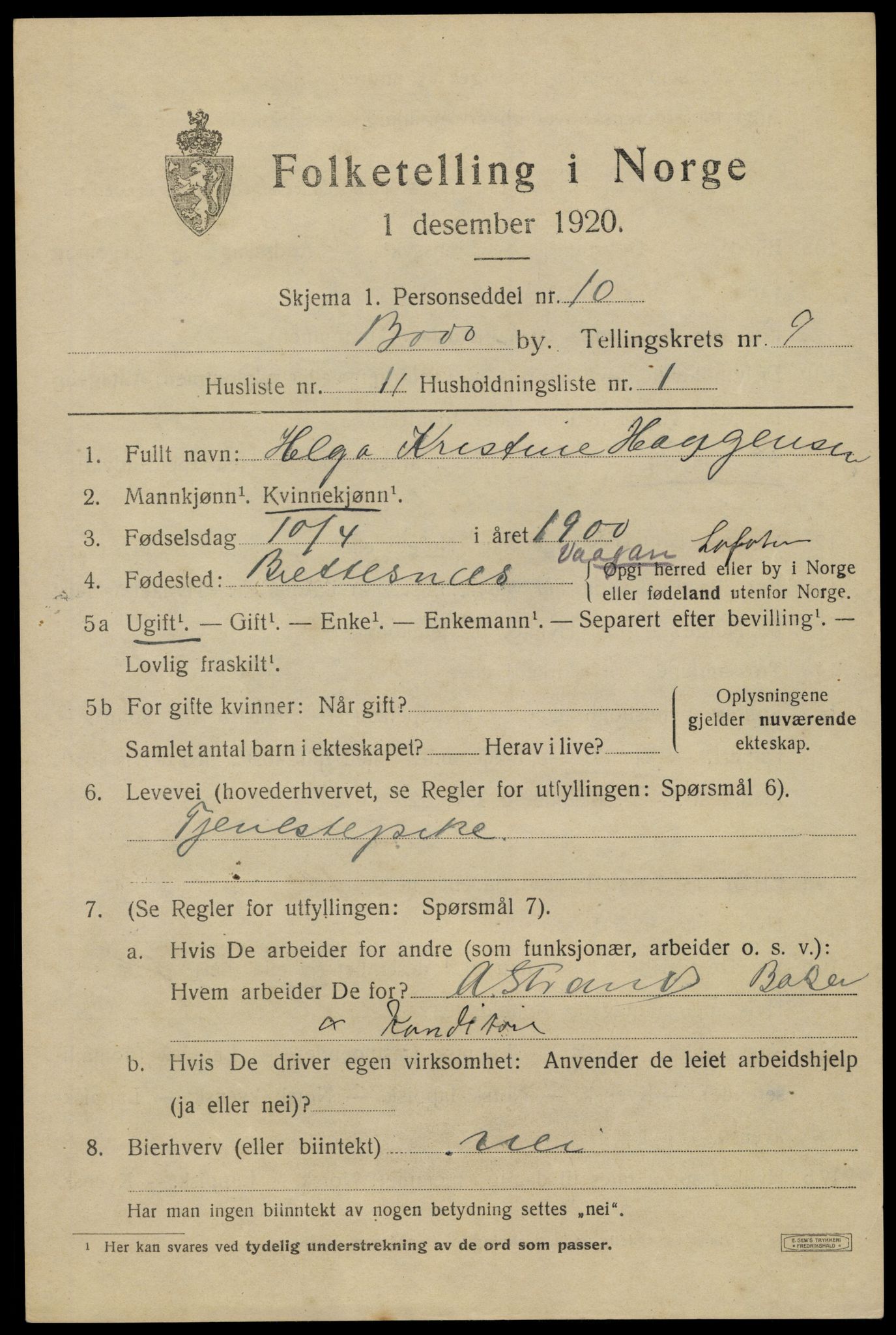 SAT, 1920 census for Bodø, 1920, p. 13053