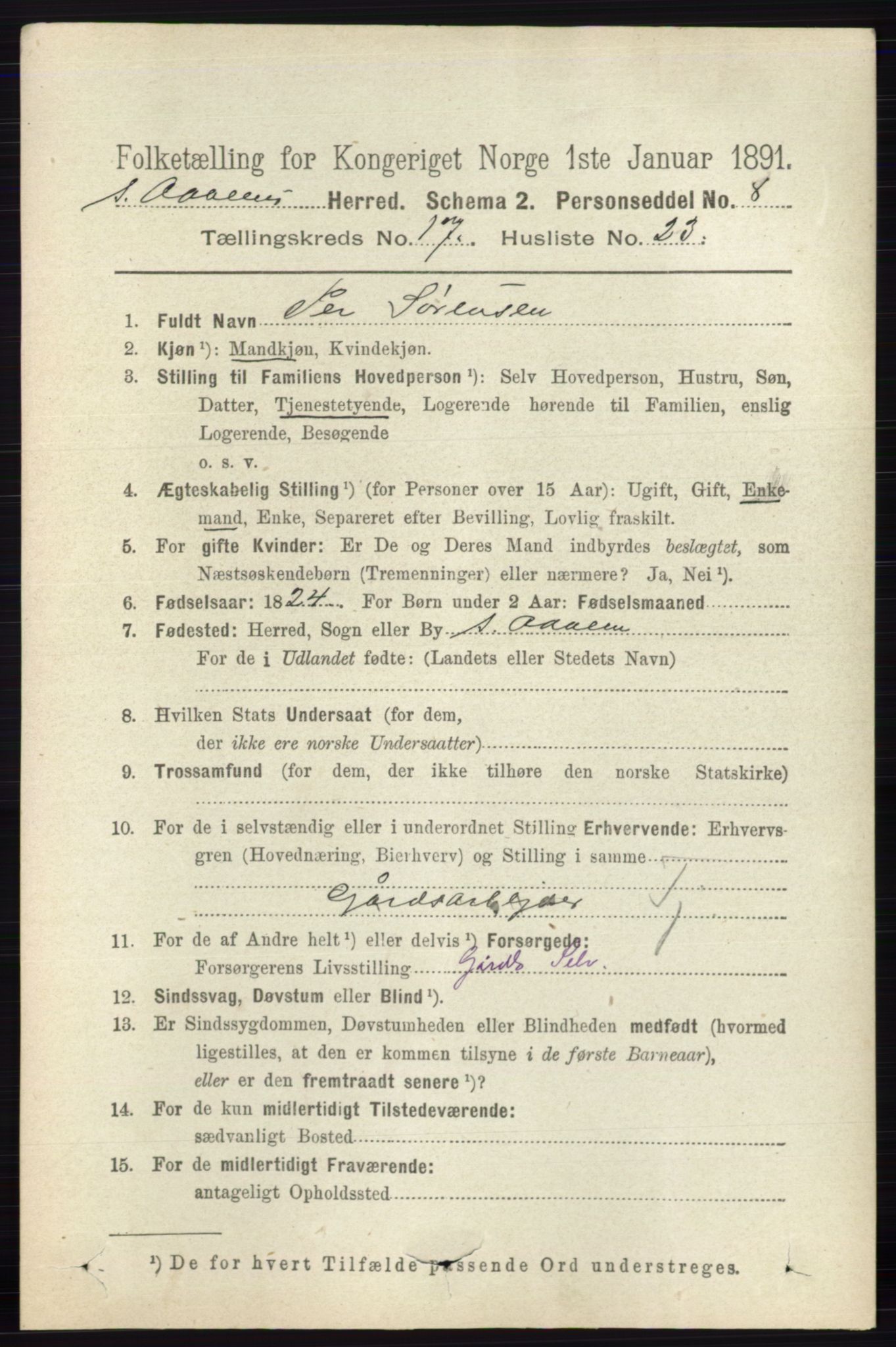 RA, 1891 census for 0419 Sør-Odal, 1891, p. 7996