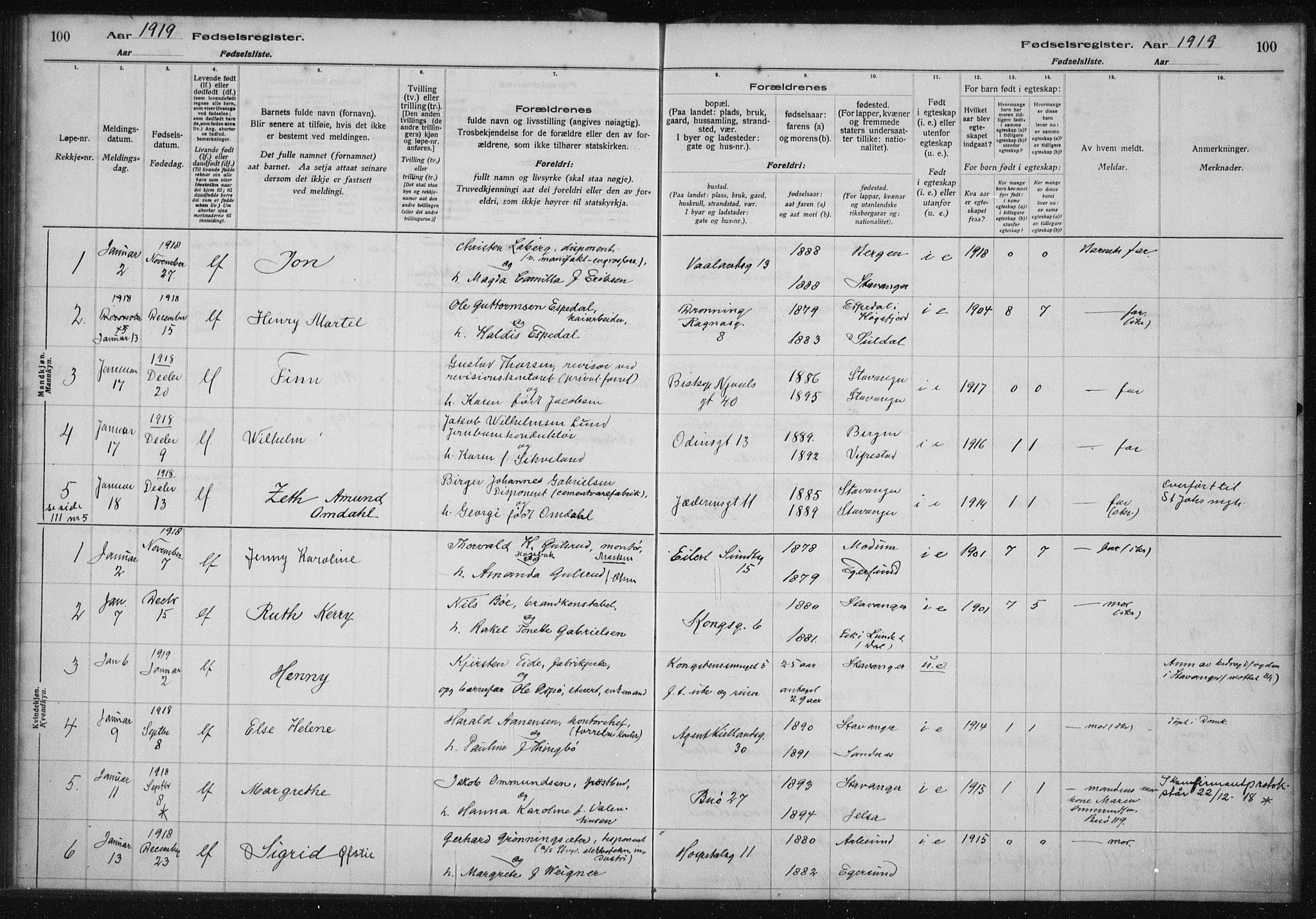 St. Petri sokneprestkontor, SAST/A-101813/002/A/L0001: Birth register no. 1, 1916-1922, p. 100