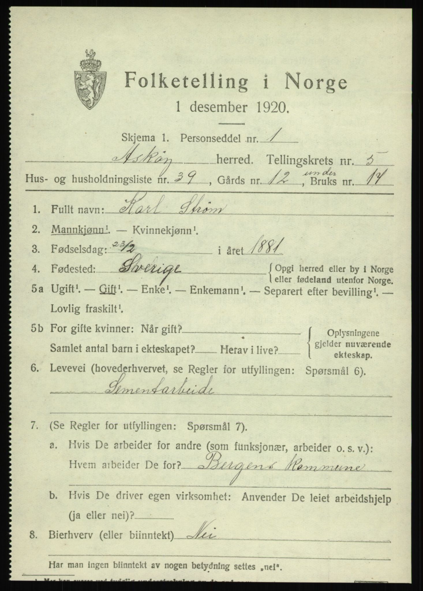 SAB, 1920 census for Askøy, 1920, p. 9238