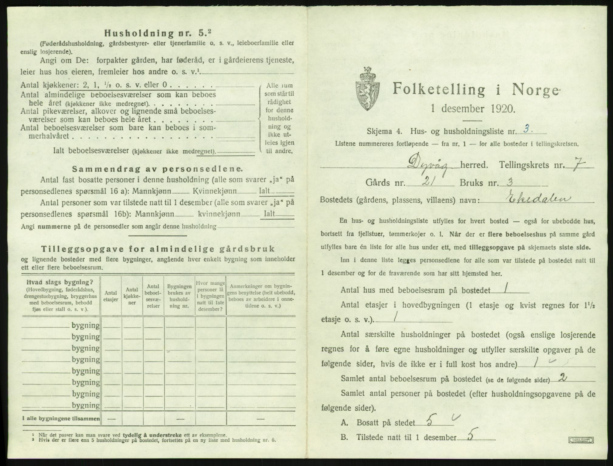 SAK, 1920 census for Dypvåg, 1920, p. 1199