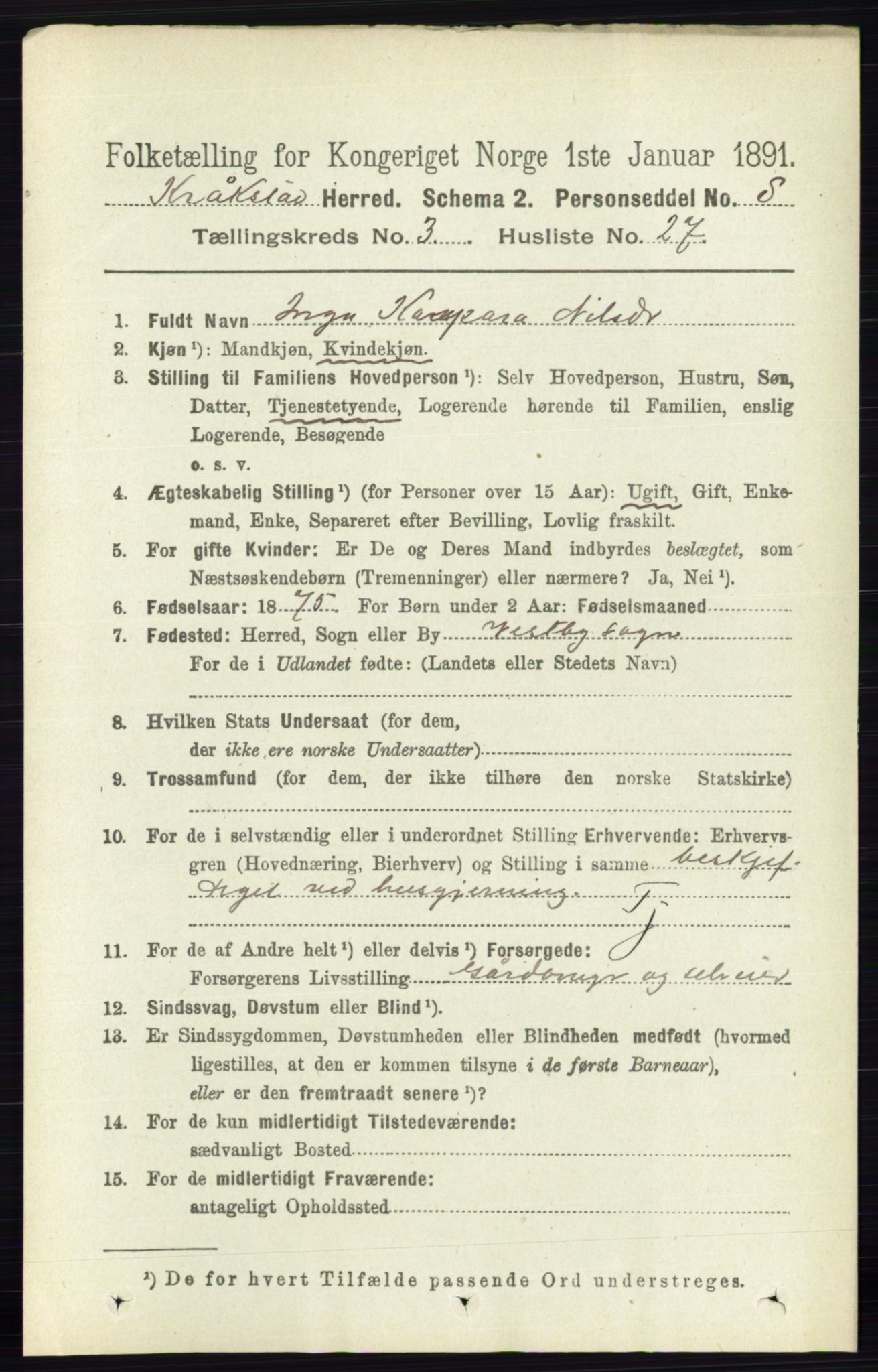 RA, 1891 census for 0212 Kråkstad, 1891, p. 1361