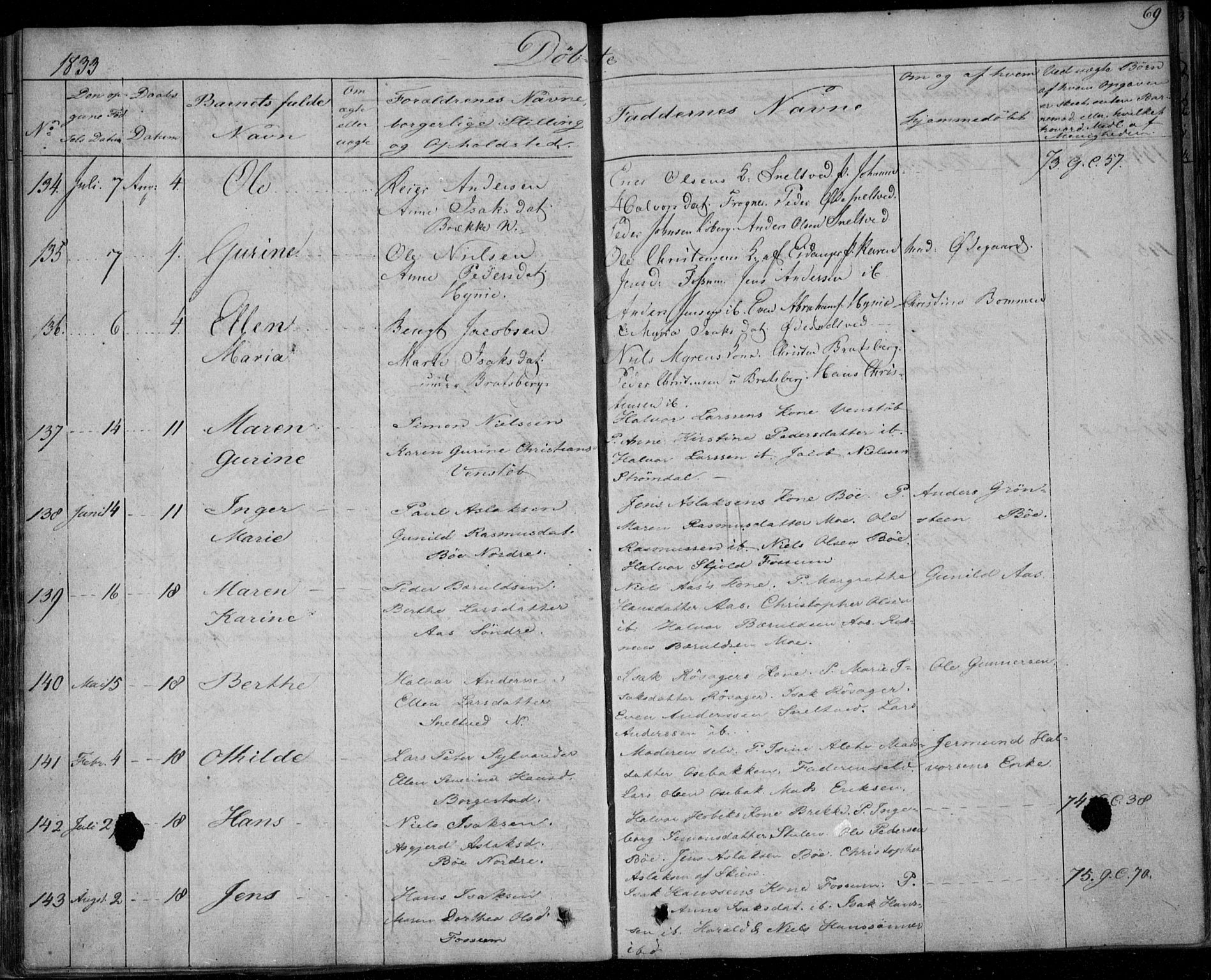 Gjerpen kirkebøker, SAKO/A-265/F/Fa/L0006: Parish register (official) no. I 6, 1829-1834, p. 69