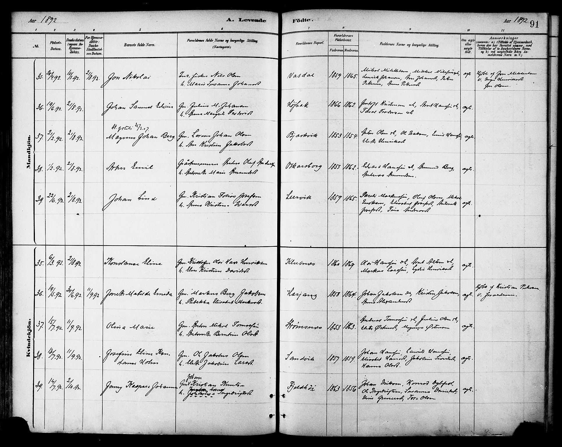 Ministerialprotokoller, klokkerbøker og fødselsregistre - Nordland, AV/SAT-A-1459/866/L0938: Parish register (official) no. 866A01, 1879-1893, p. 91