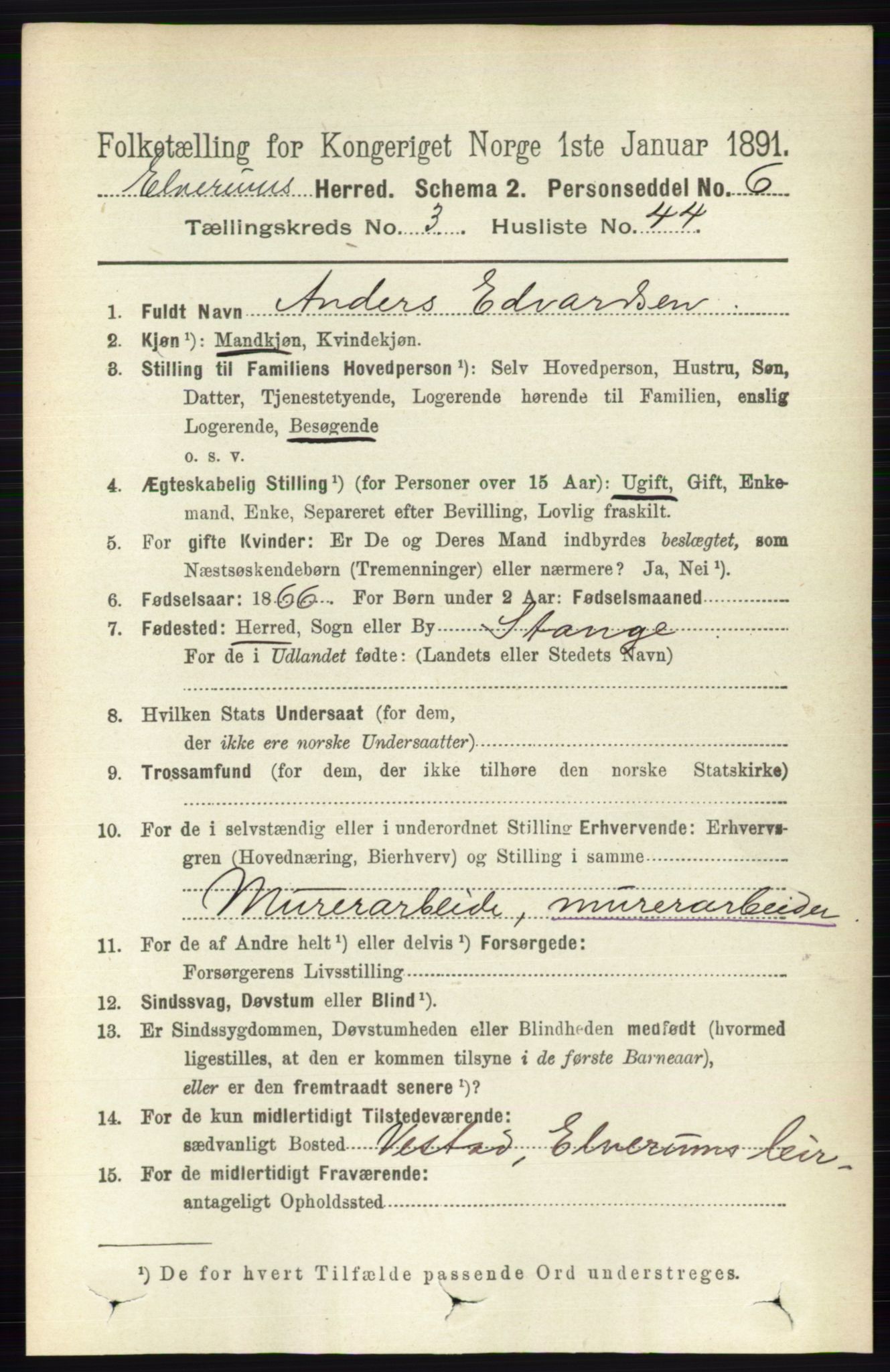 RA, 1891 census for 0427 Elverum, 1891, p. 2125