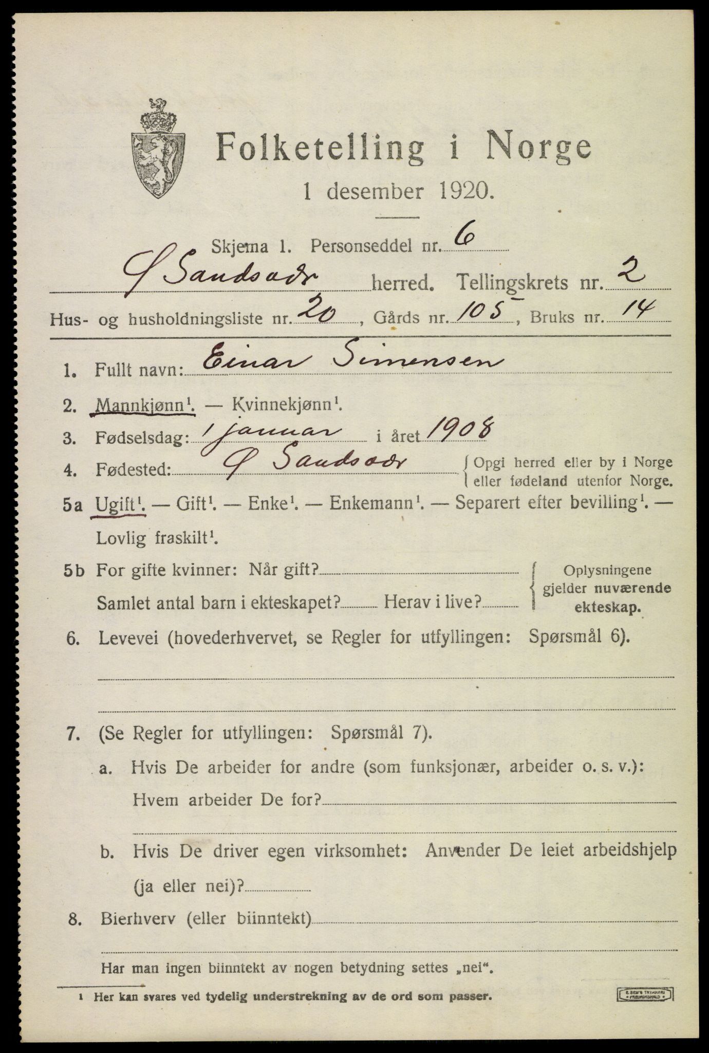 SAKO, 1920 census for Øvre Sandsvær, 1920, p. 1950