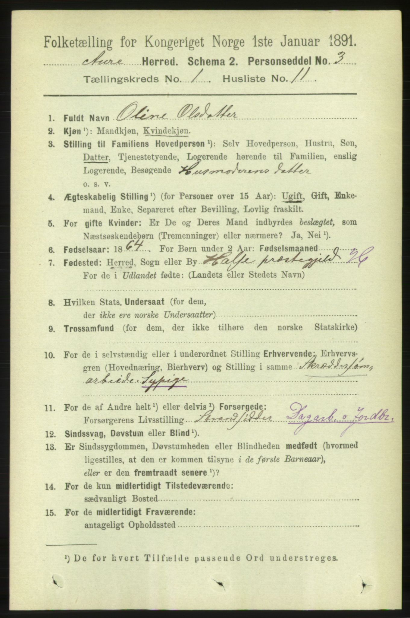 RA, 1891 census for 1569 Aure, 1891, p. 181