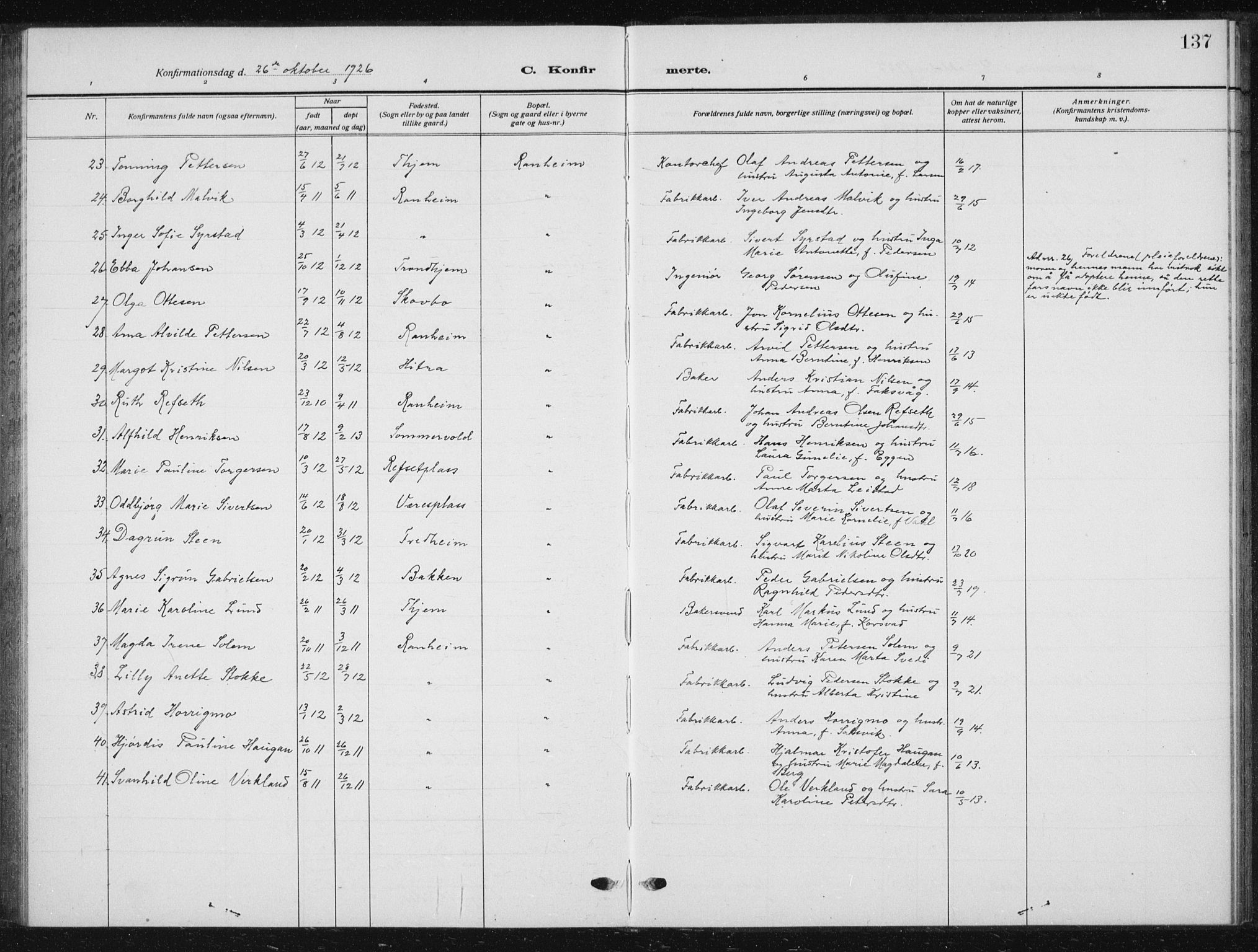Ministerialprotokoller, klokkerbøker og fødselsregistre - Sør-Trøndelag, SAT/A-1456/615/L0401: Parish register (copy) no. 615C02, 1922-1941, p. 137