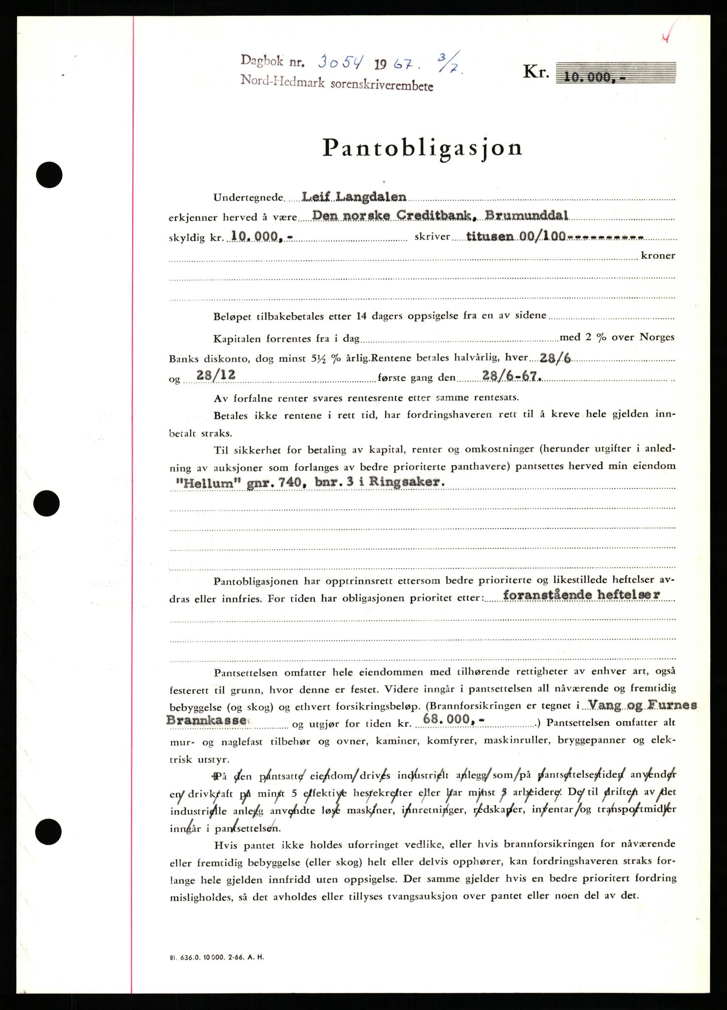 Nord-Hedmark sorenskriveri, SAH/TING-012/H/Hb/Hbf/L0071: Mortgage book no. B71, 1967-1967, Diary no: : 3054/1967