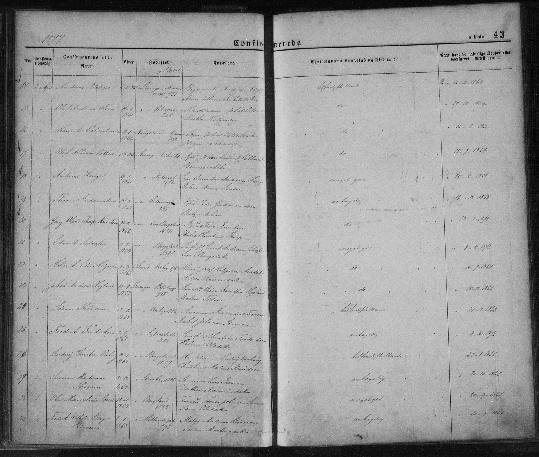 St. Petri sokneprestkontor, SAST/A-101813/001/30/30BA/L0013: Parish register (official) no. A 13, 1875-1878, p. 43