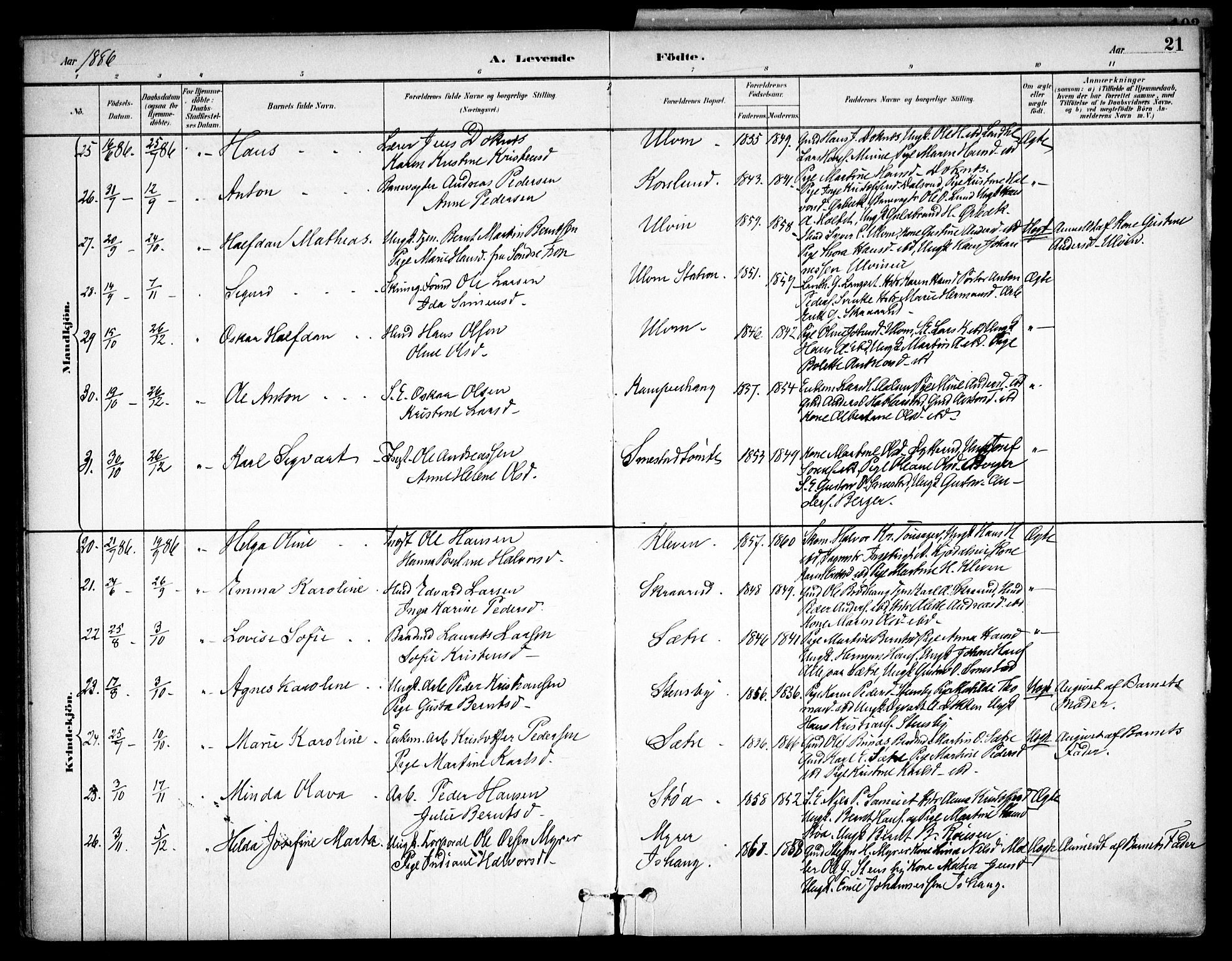 Eidsvoll prestekontor Kirkebøker, SAO/A-10888/F/Fb/L0001: Parish register (official) no. II 1, 1882-1897, p. 21