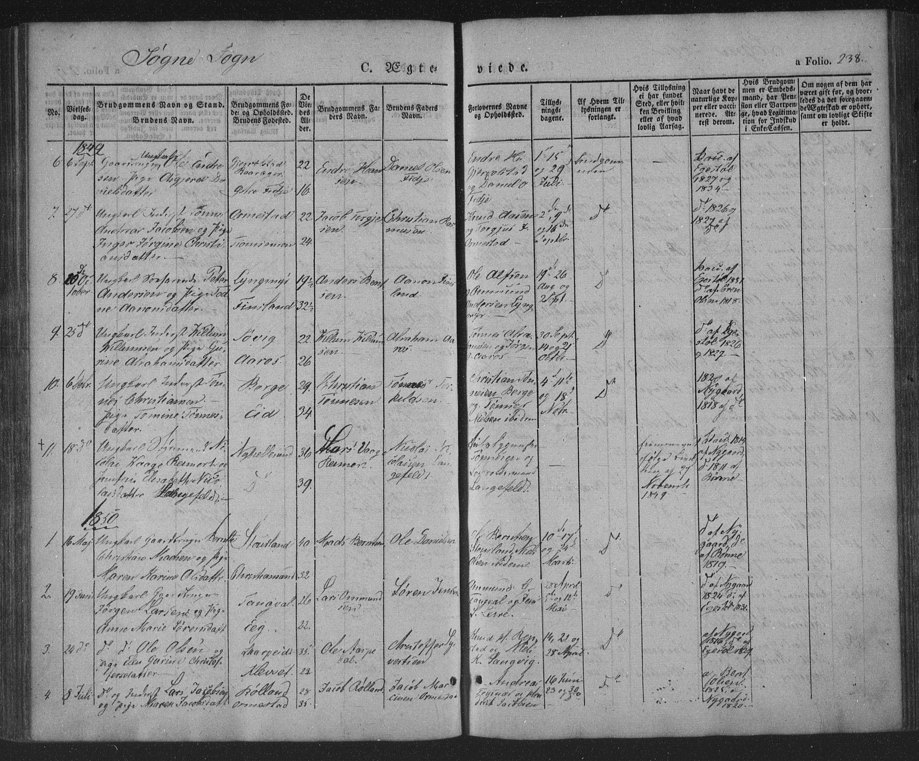 Søgne sokneprestkontor, AV/SAK-1111-0037/F/Fa/Fab/L0009: Parish register (official) no. A 9, 1838-1853, p. 238