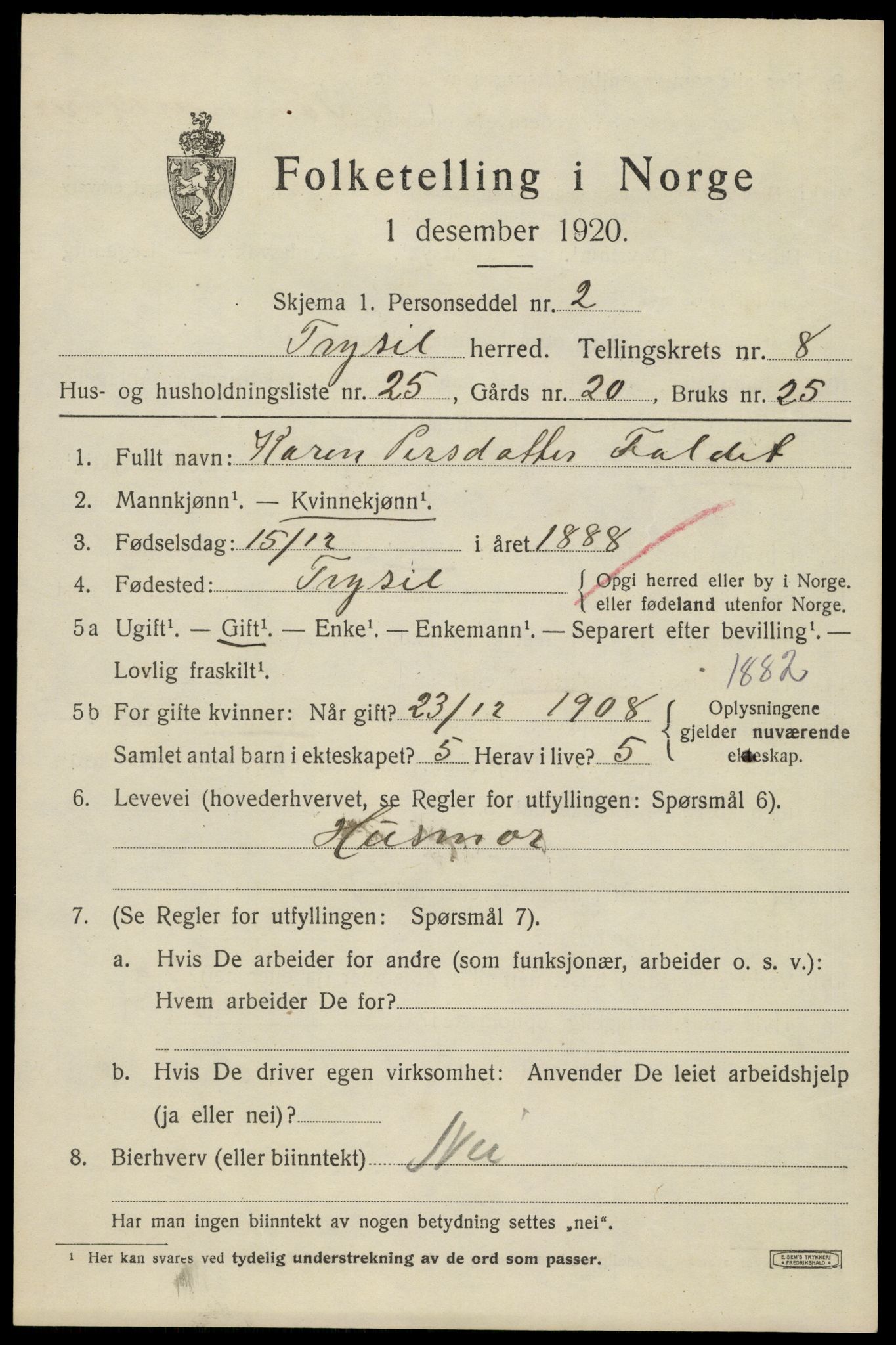 SAH, 1920 census for Trysil, 1920, p. 6531