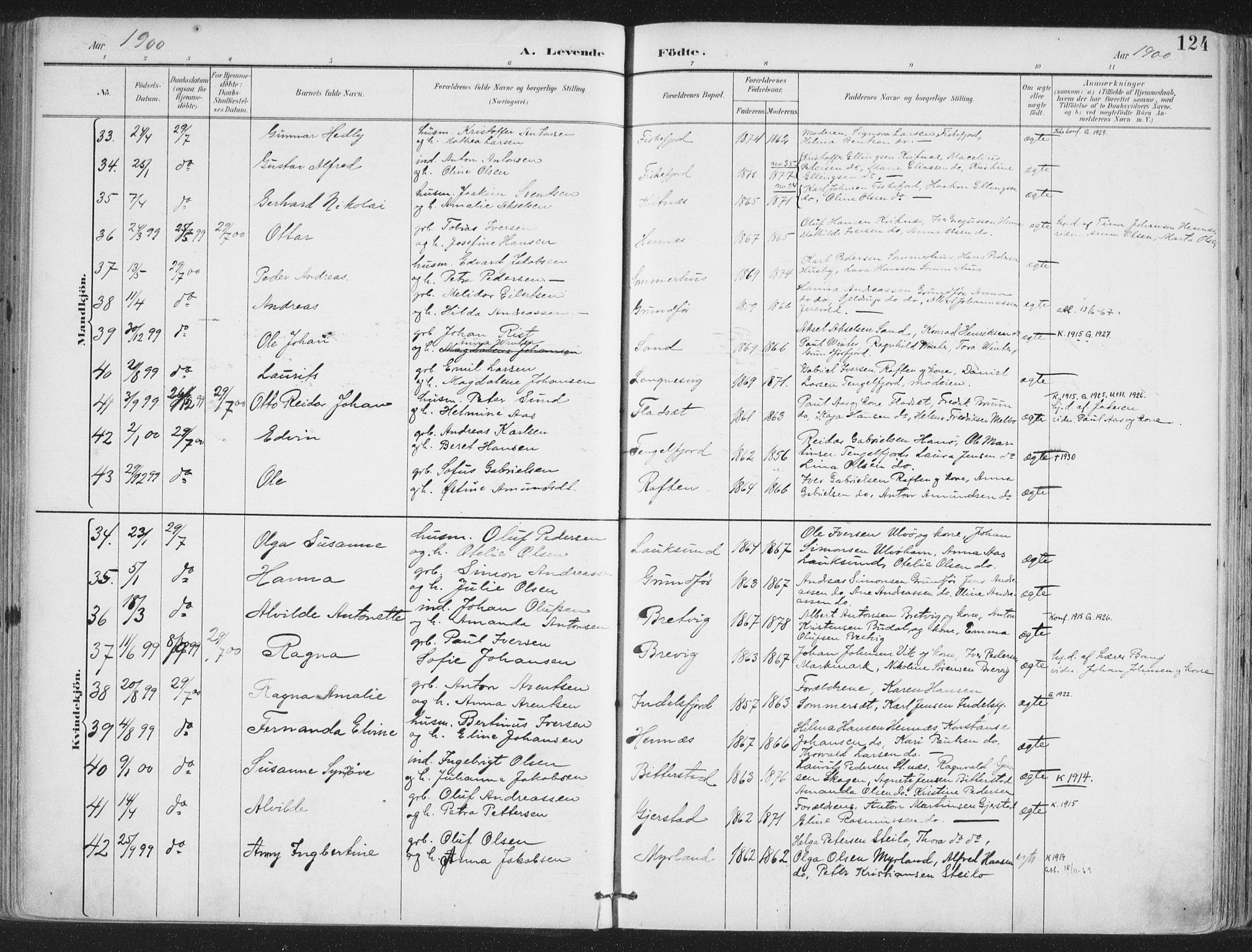 Ministerialprotokoller, klokkerbøker og fødselsregistre - Nordland, AV/SAT-A-1459/888/L1246: Parish register (official) no. 888A12, 1891-1903, p. 124