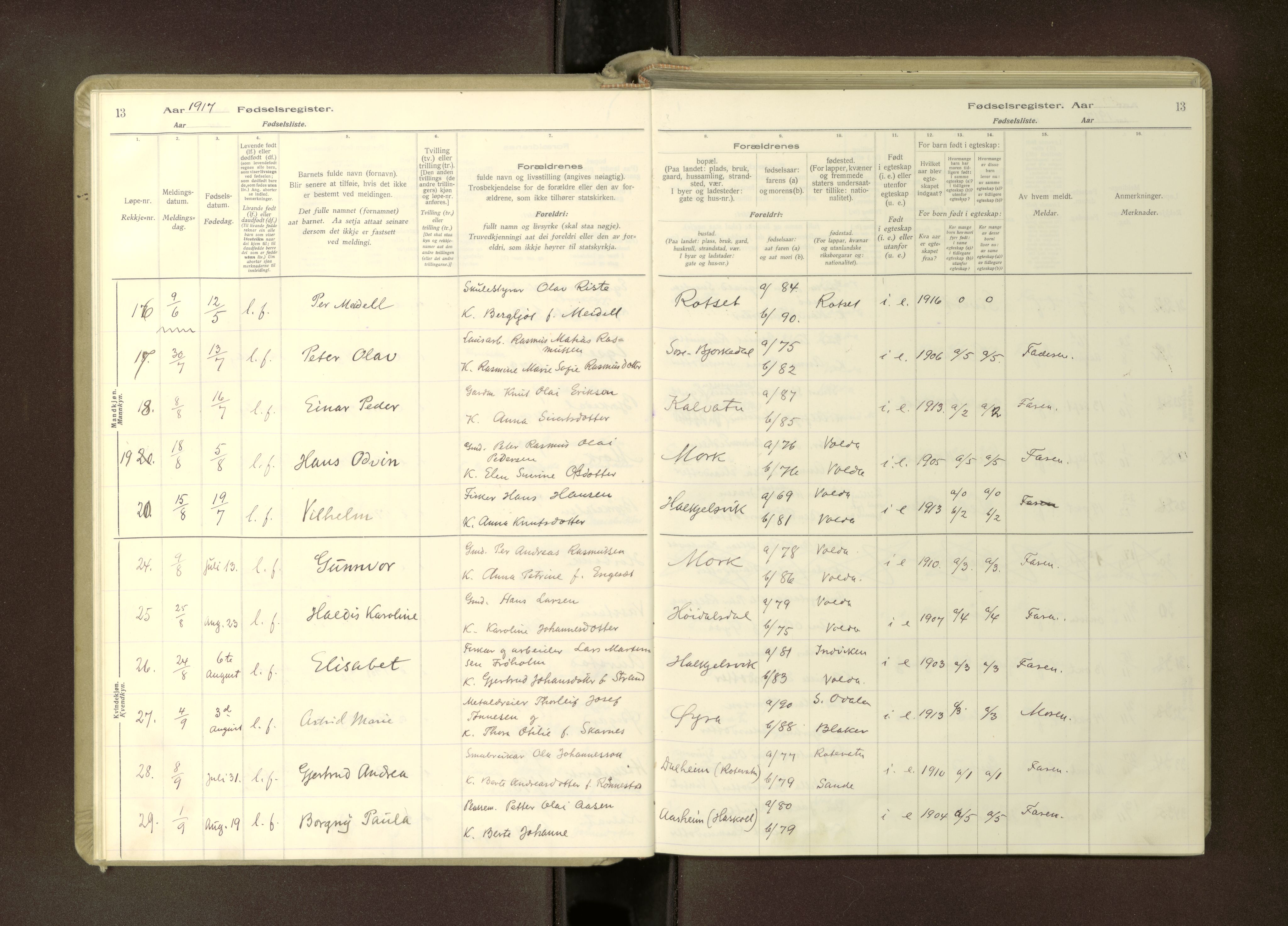 Ministerialprotokoller, klokkerbøker og fødselsregistre - Møre og Romsdal, AV/SAT-A-1454/511/L0165: Birth register no. 511---, 1916-1937, p. 13