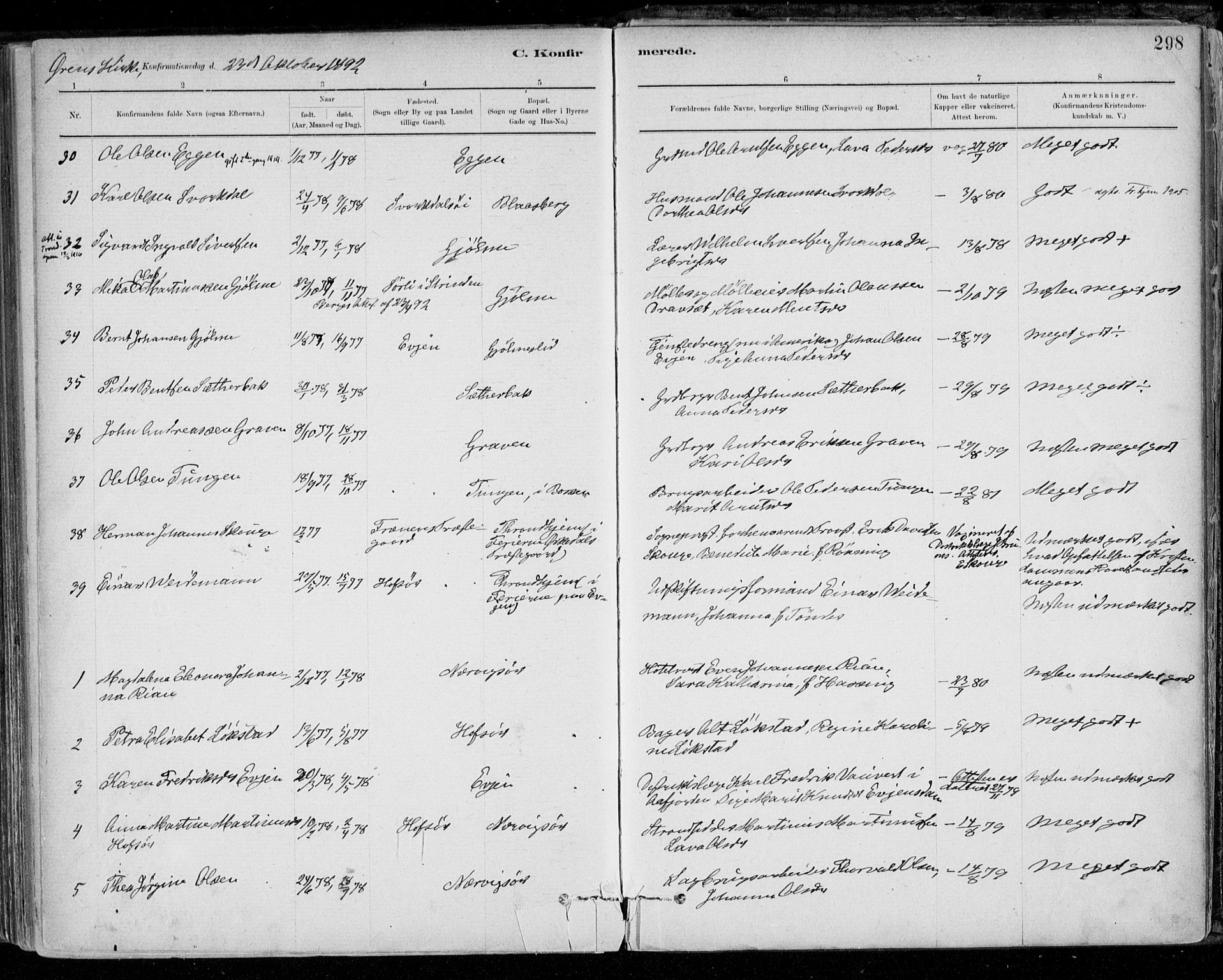 Ministerialprotokoller, klokkerbøker og fødselsregistre - Sør-Trøndelag, AV/SAT-A-1456/668/L0809: Parish register (official) no. 668A09, 1881-1895, p. 298