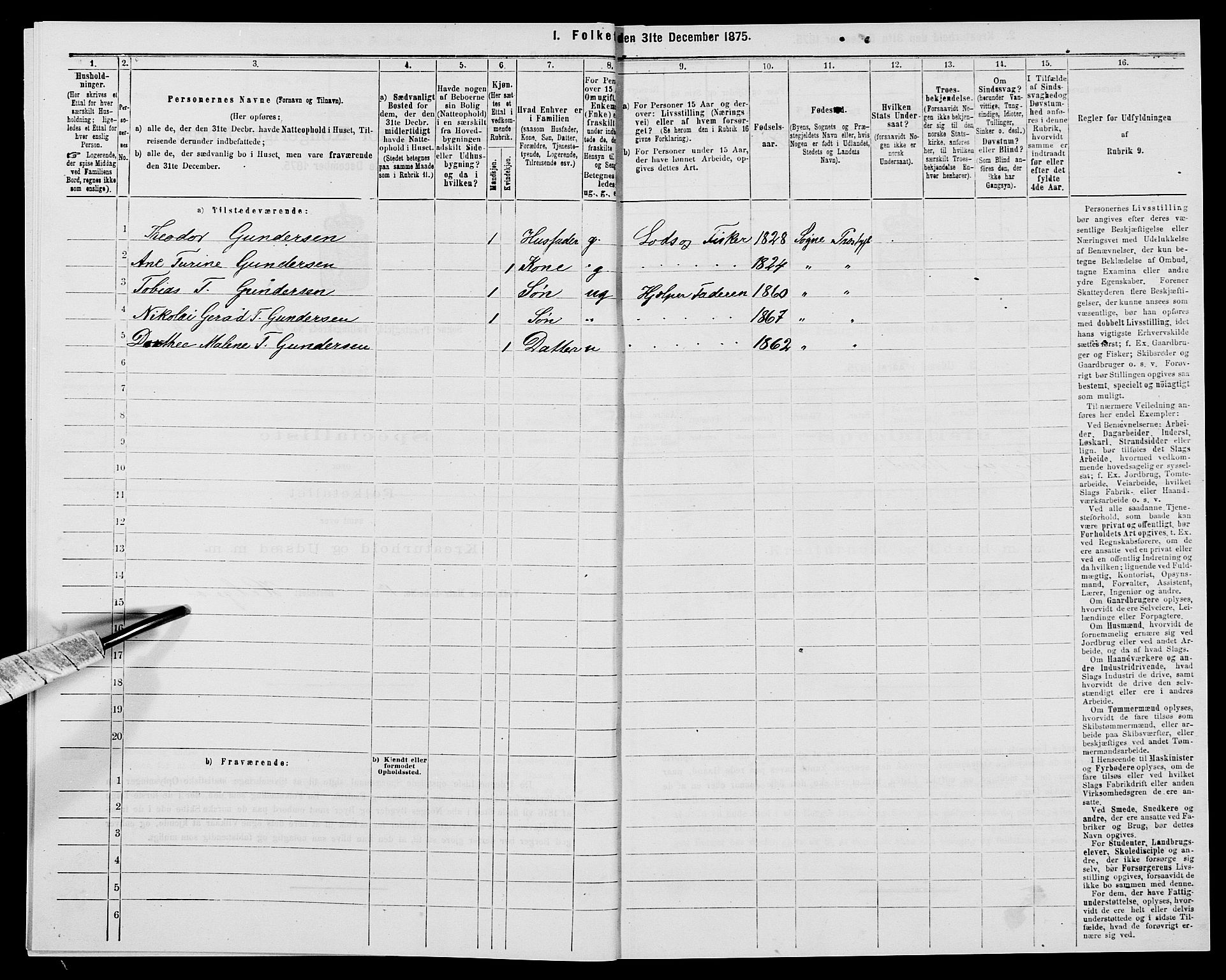 SAK, 1875 census for 1018P Søgne, 1875, p. 262