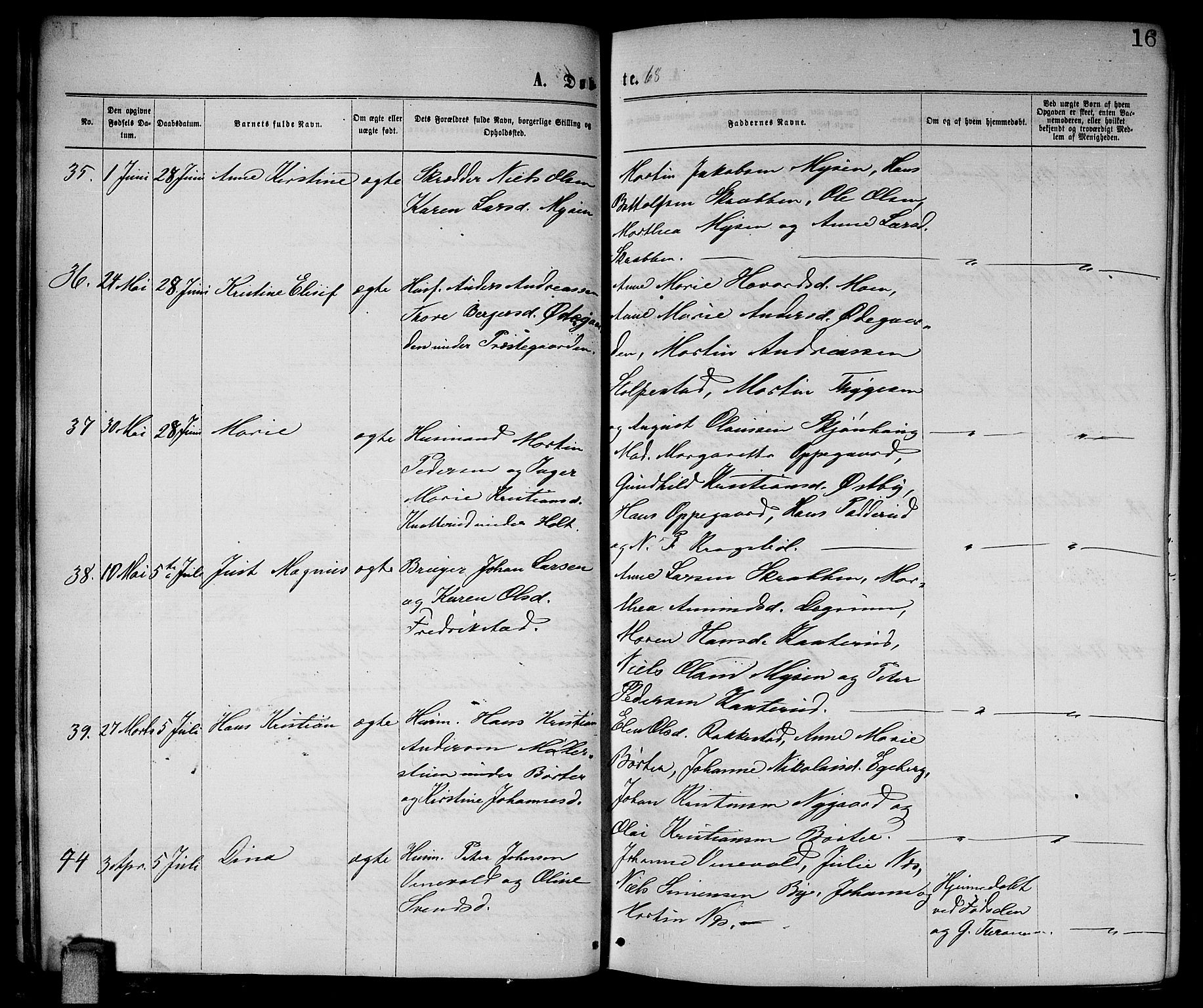 Enebakk prestekontor Kirkebøker, AV/SAO-A-10171c/G/Ga/L0005: Parish register (copy) no. I 5, 1867-1888, p. 16