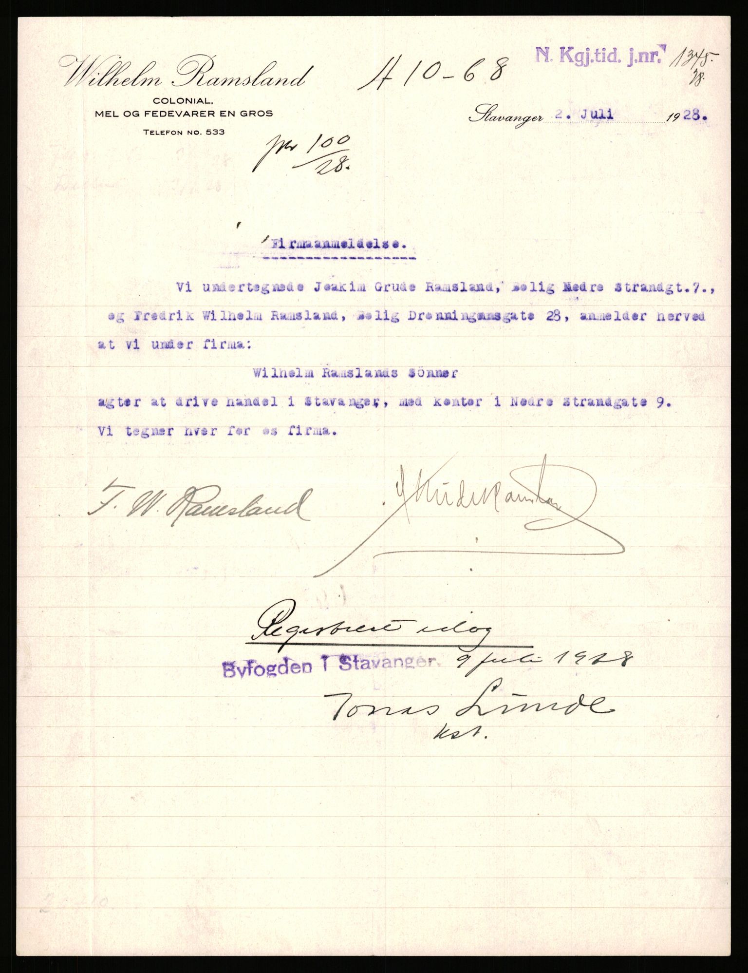 Stavanger byfogd, AV/SAST-A-101408/002/J/Jd/Jde/L0004: Registreringsmeldinger og bilag. Enkeltmannsforetak, 1001-1350, 1891-1990, p. 368