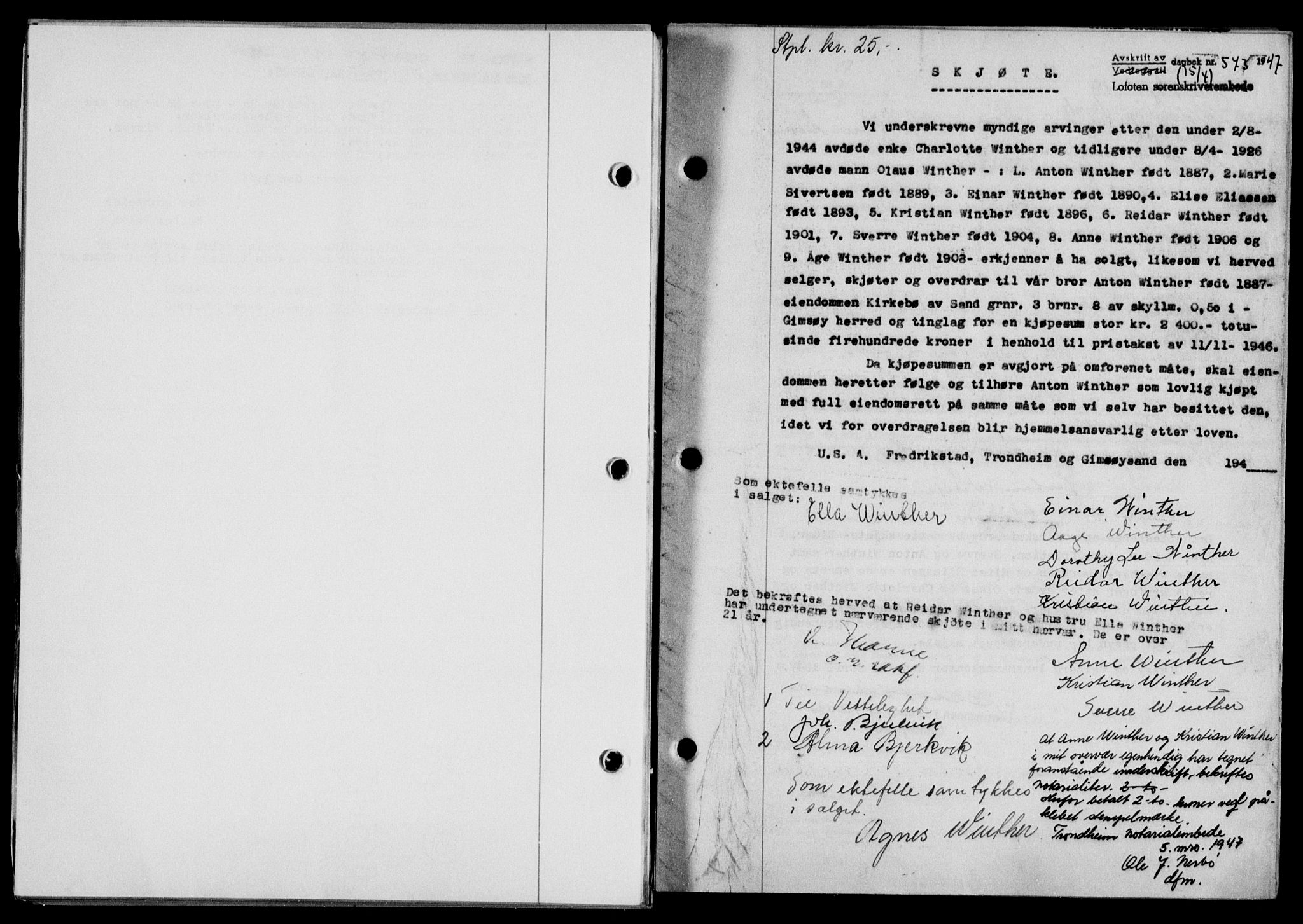 Lofoten sorenskriveri, SAT/A-0017/1/2/2C/L0015a: Mortgage book no. 15a, 1946-1947, Diary no: : 573/1947