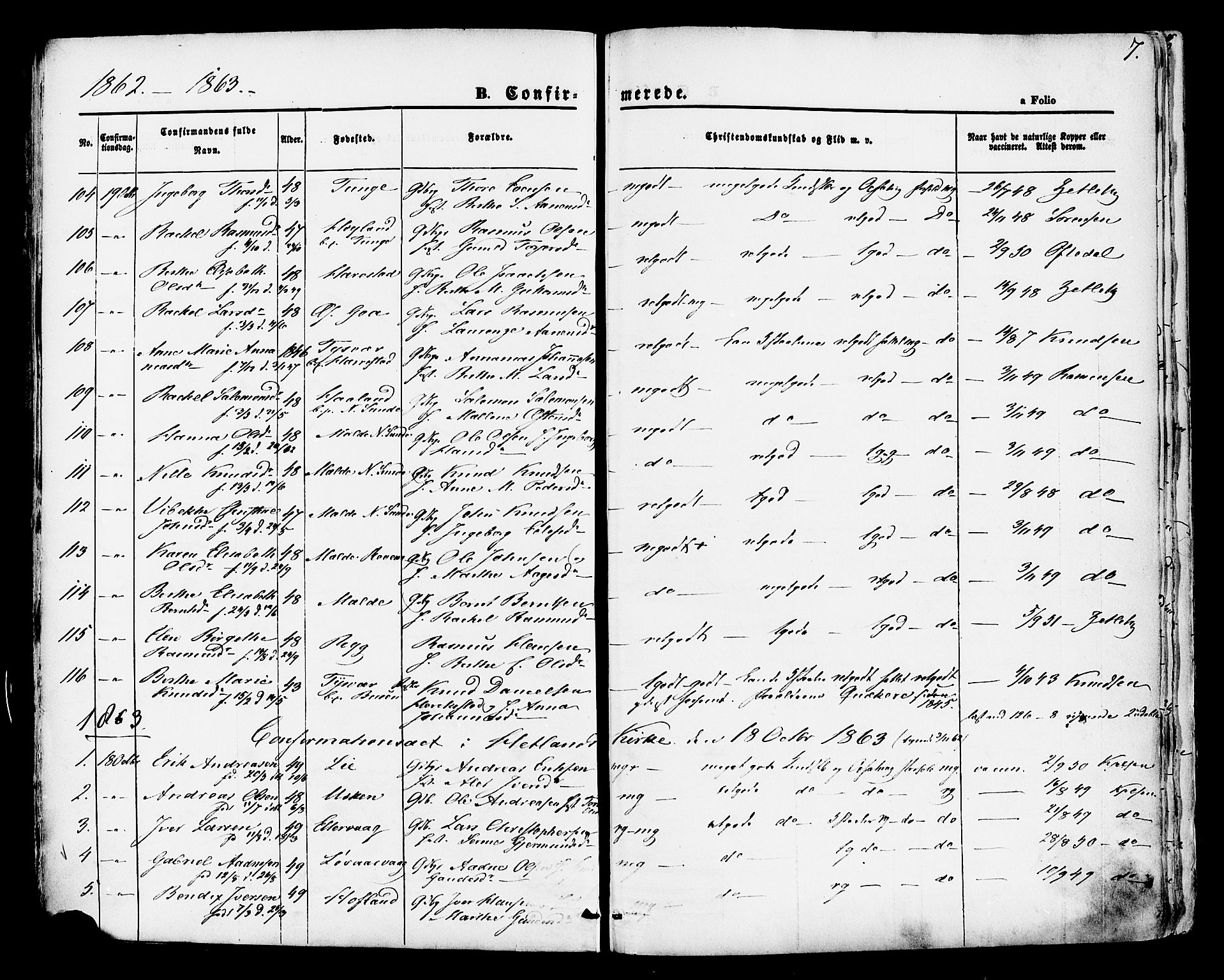Hetland sokneprestkontor, SAST/A-101826/30/30BA/L0004: Parish register (official) no. A 4, 1862-1881, p. 7