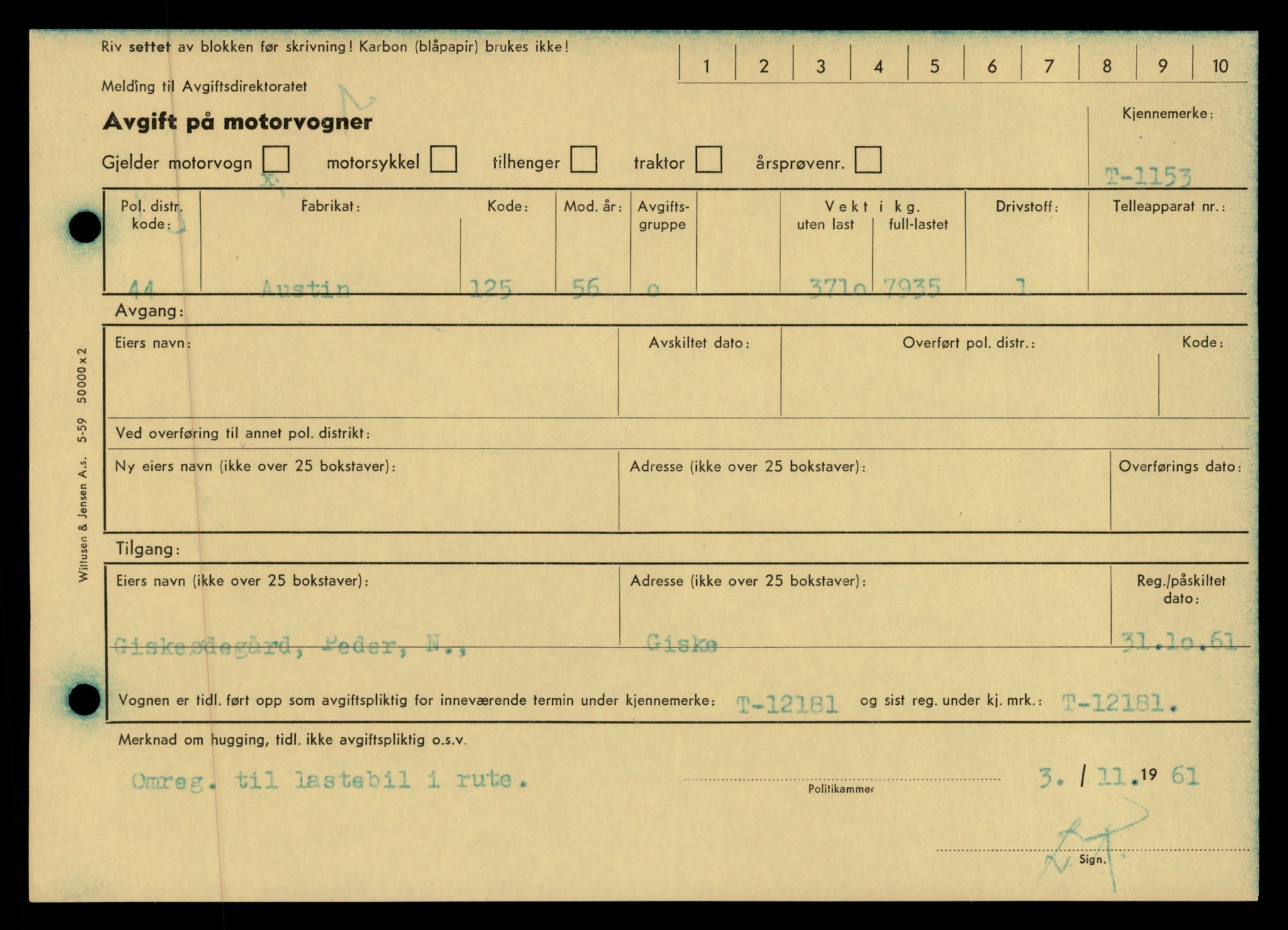 Møre og Romsdal vegkontor - Ålesund trafikkstasjon, AV/SAT-A-4099/F/Fe/L0010: Registreringskort for kjøretøy T 1050 - T 1169, 1927-1998, p. 2859