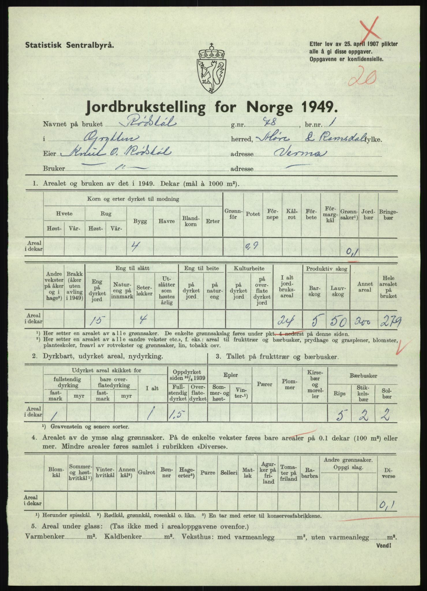 Statistisk sentralbyrå, Næringsøkonomiske emner, Jordbruk, skogbruk, jakt, fiske og fangst, AV/RA-S-2234/G/Gc/L0323: Møre og Romsdal: Grytten og Hen, 1949, p. 195