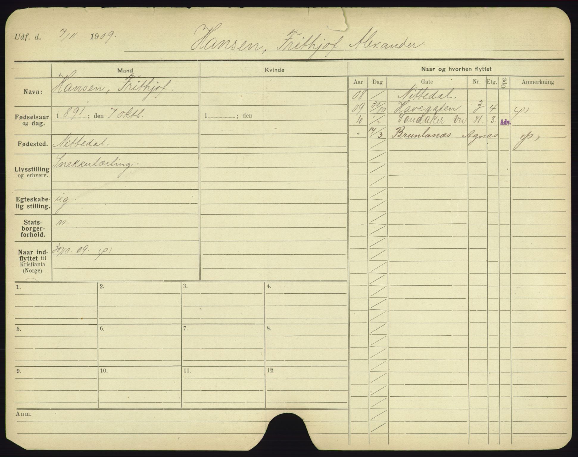 Oslo folkeregister, Registerkort, AV/SAO-A-11715/F/Fa/Fac/L0004: Menn, 1906-1914, p. 5a