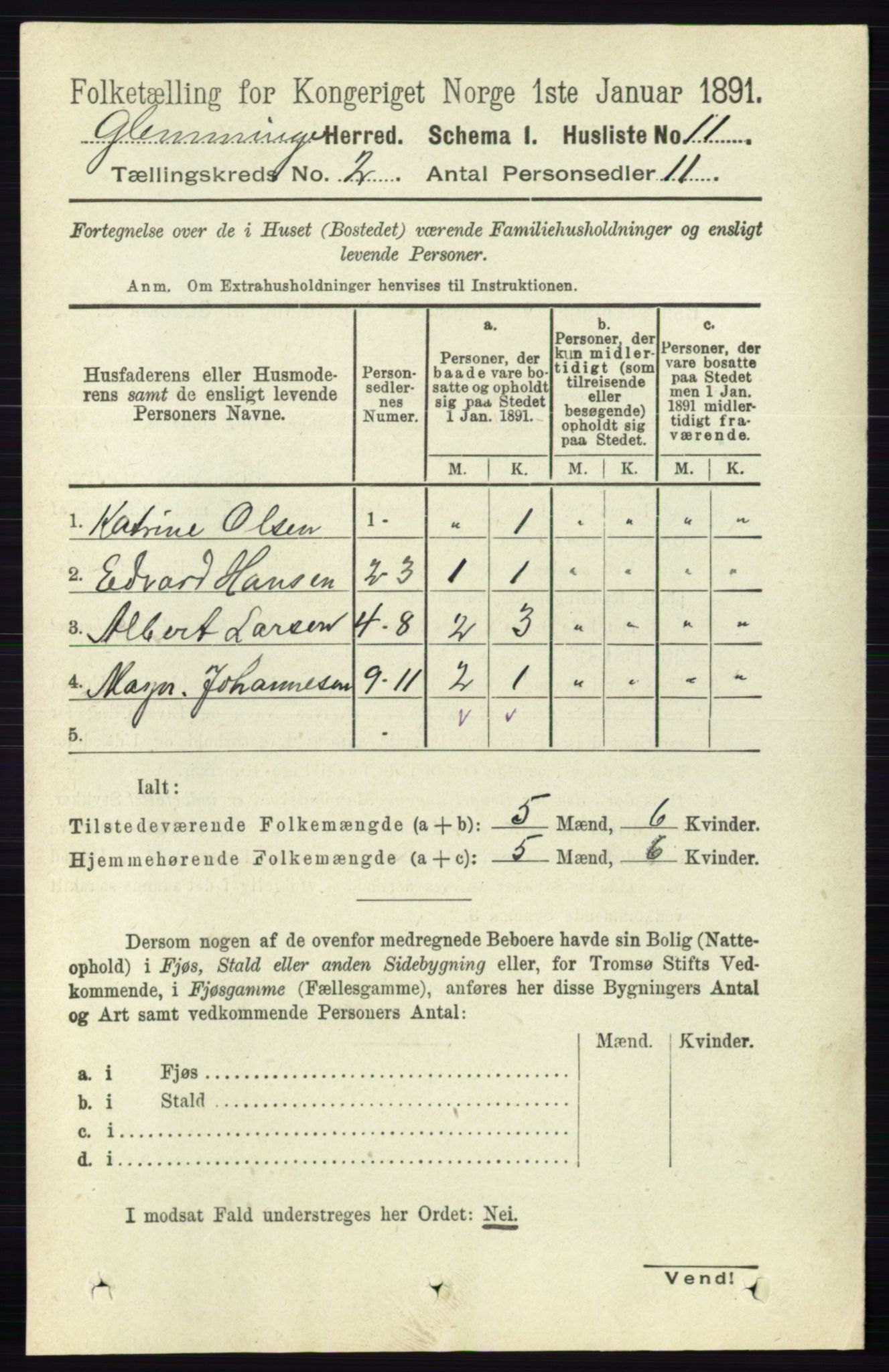 RA, 1891 census for 0132 Glemmen, 1891, p. 413