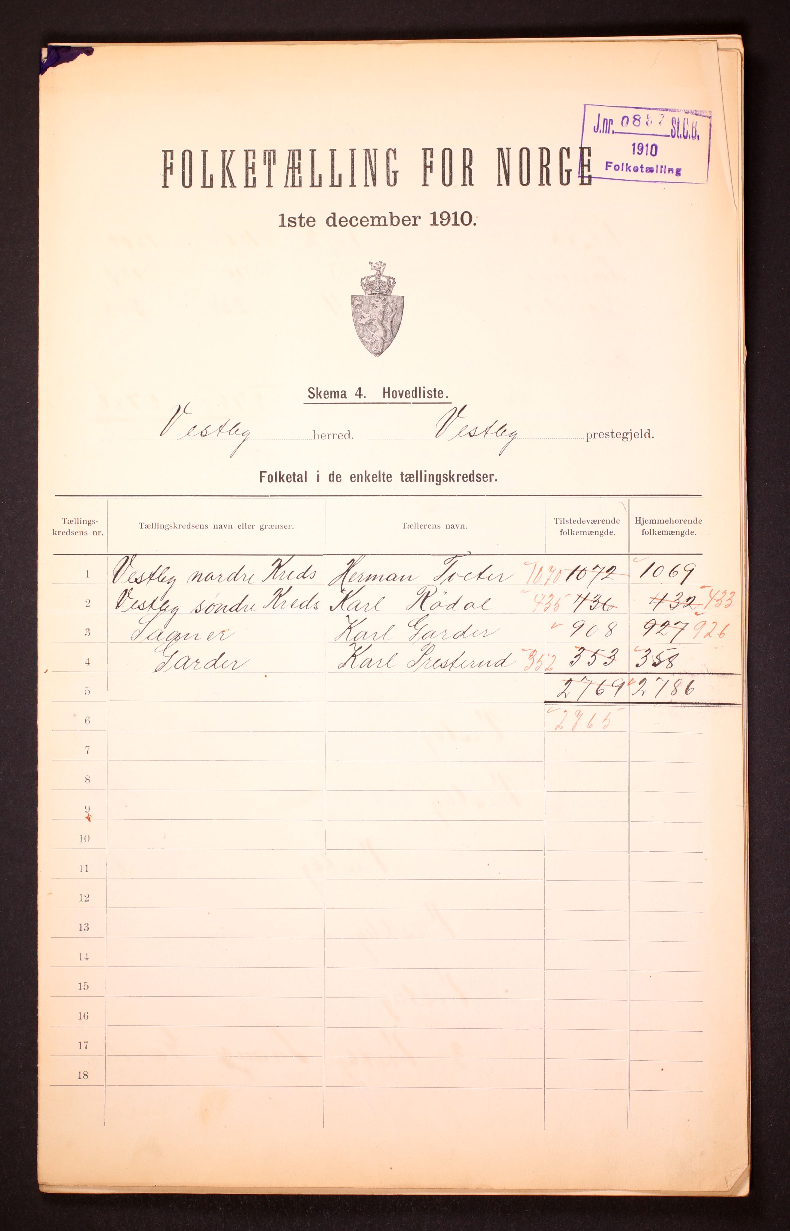 RA, 1910 census for Vestby, 1910, p. 2