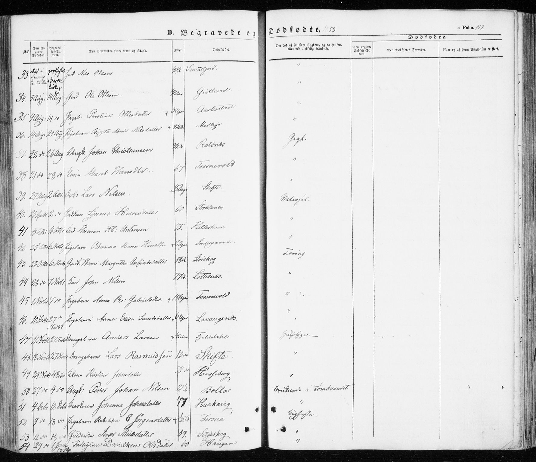 Ibestad sokneprestembete, SATØ/S-0077/H/Ha/Haa/L0008kirke: Parish register (official) no. 8, 1850-1859, p. 419