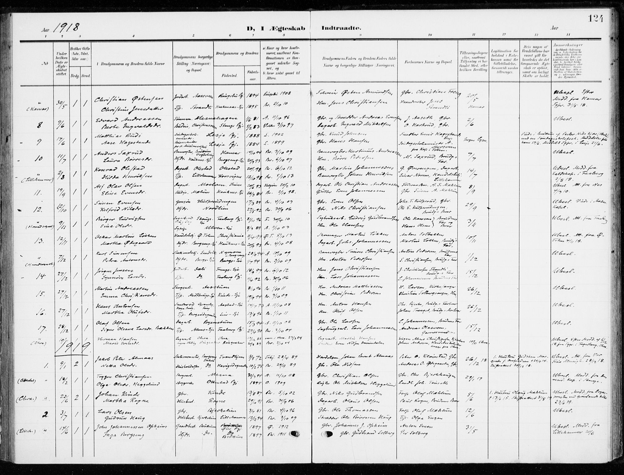 Ringsaker prestekontor, AV/SAH-PREST-014/K/Ka/L0021: Parish register (official) no. 21, 1905-1920, p. 124