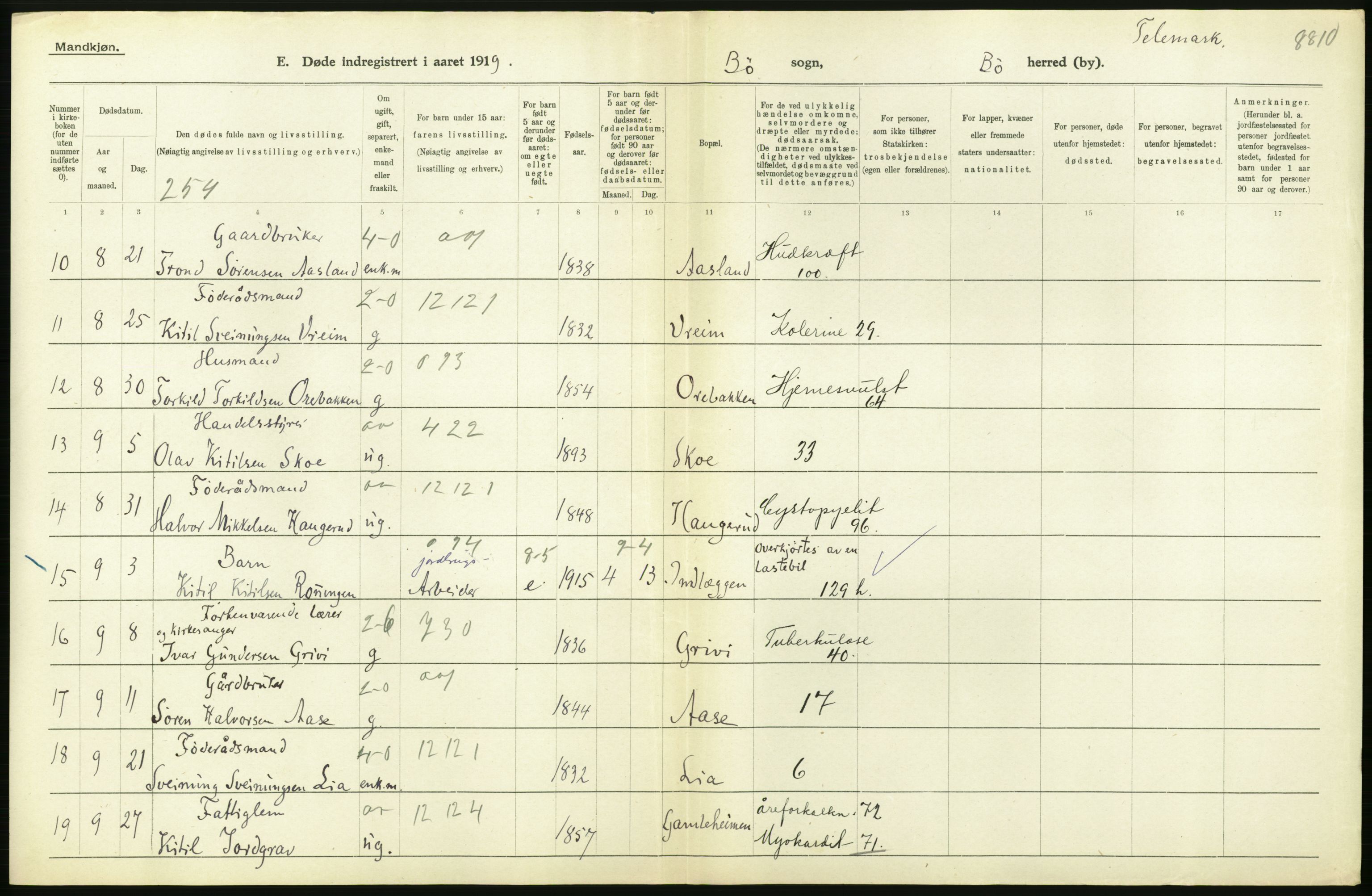 Statistisk sentralbyrå, Sosiodemografiske emner, Befolkning, RA/S-2228/D/Df/Dfb/Dfbi/L0023: Telemark fylke: Døde. Bygder og byer., 1919, p. 96