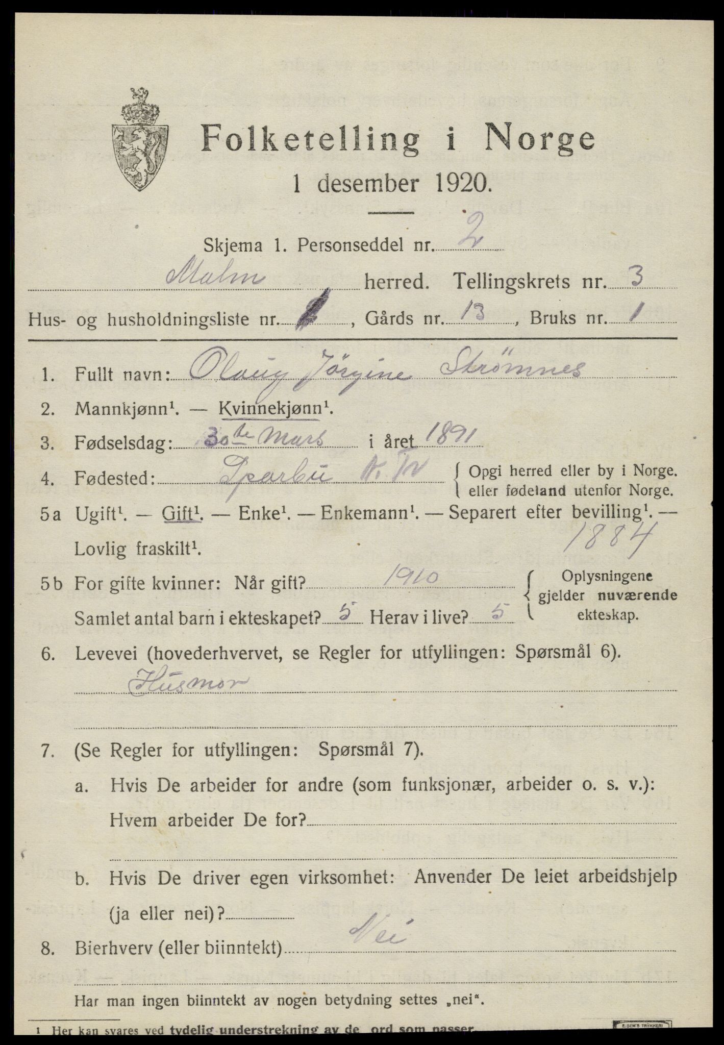 SAT, 1920 census for Malm, 1920, p. 1809