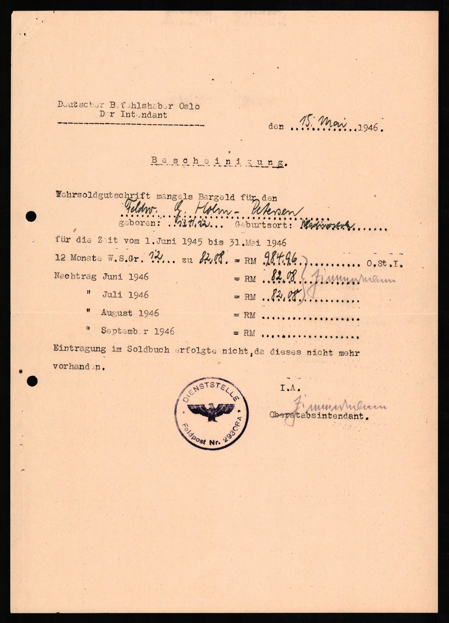 Forsvaret, Forsvarets overkommando II, AV/RA-RAFA-3915/D/Db/L0013: CI Questionaires. Tyske okkupasjonsstyrker i Norge. Tyskere., 1945-1946, p. 413