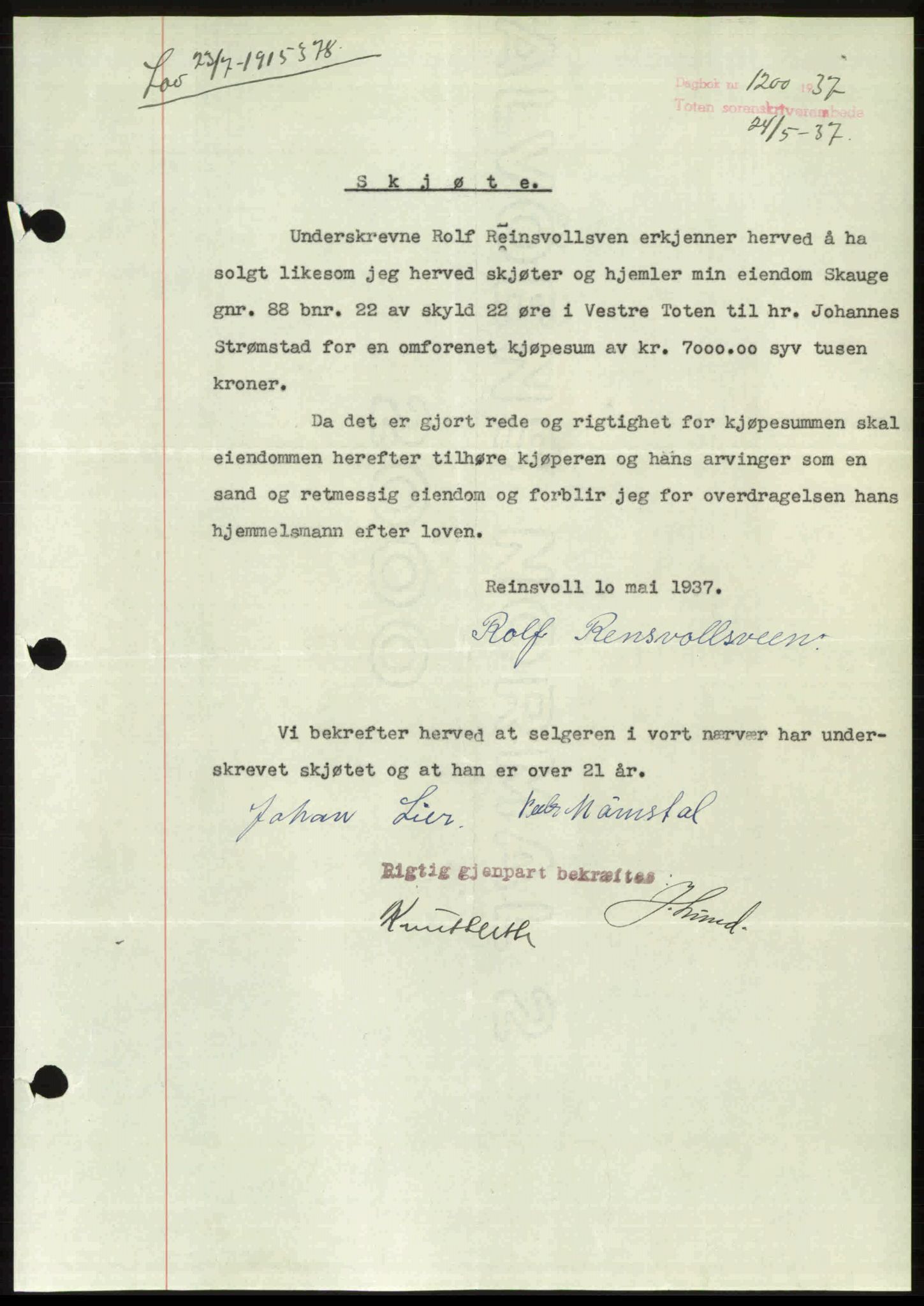 Toten tingrett, AV/SAH-TING-006/H/Hb/Hbc/L0002: Mortgage book no. Hbc-02, 1936-1937, Diary no: : 1200/1937